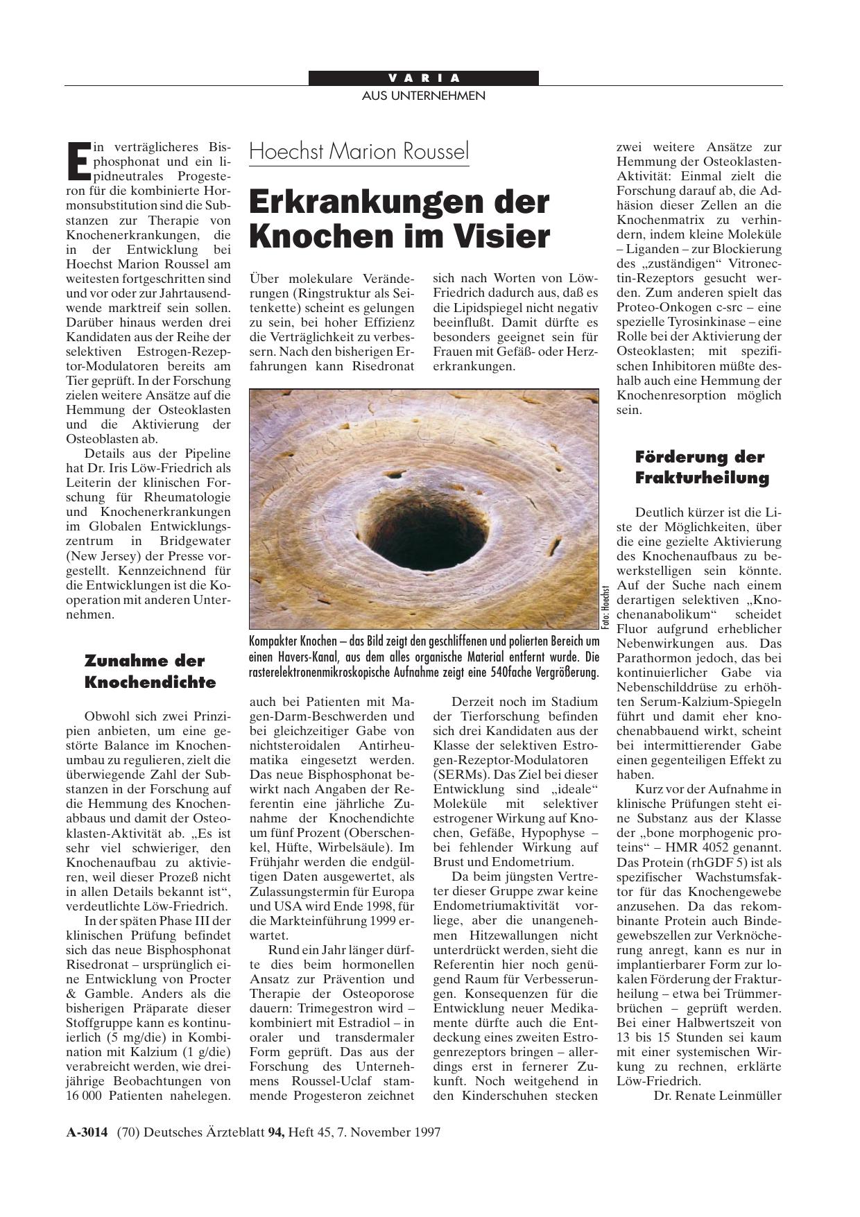 Vorschauseite 1: Hoechst Marion Roussel: Erkrankungen der Knochen im Visier
