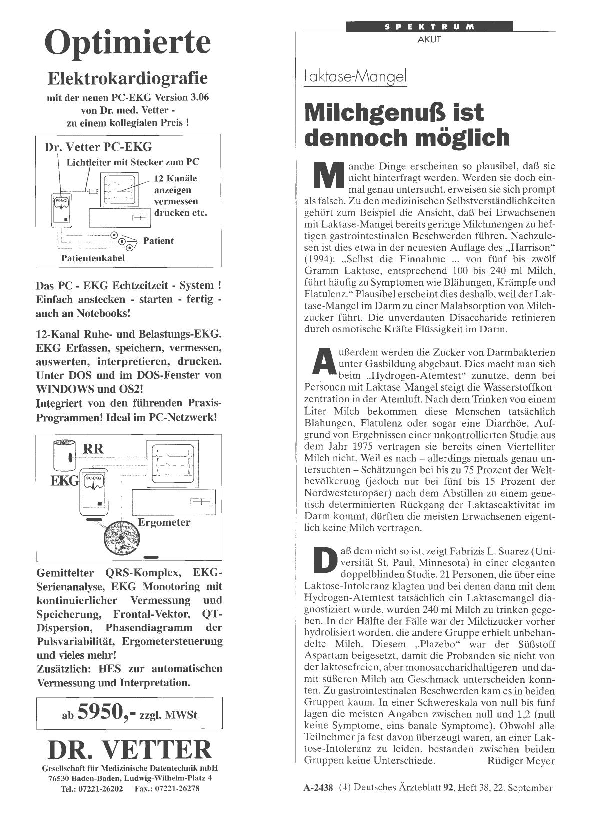 Vorschauseite 1: Laktase-Mangel: Milchgenuß ist dennoch möglich