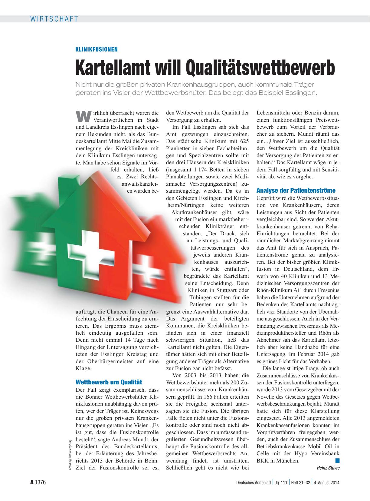Vorschauseite 1: Klinikfusionen: Kartellamt will Qualitätswettbewerb