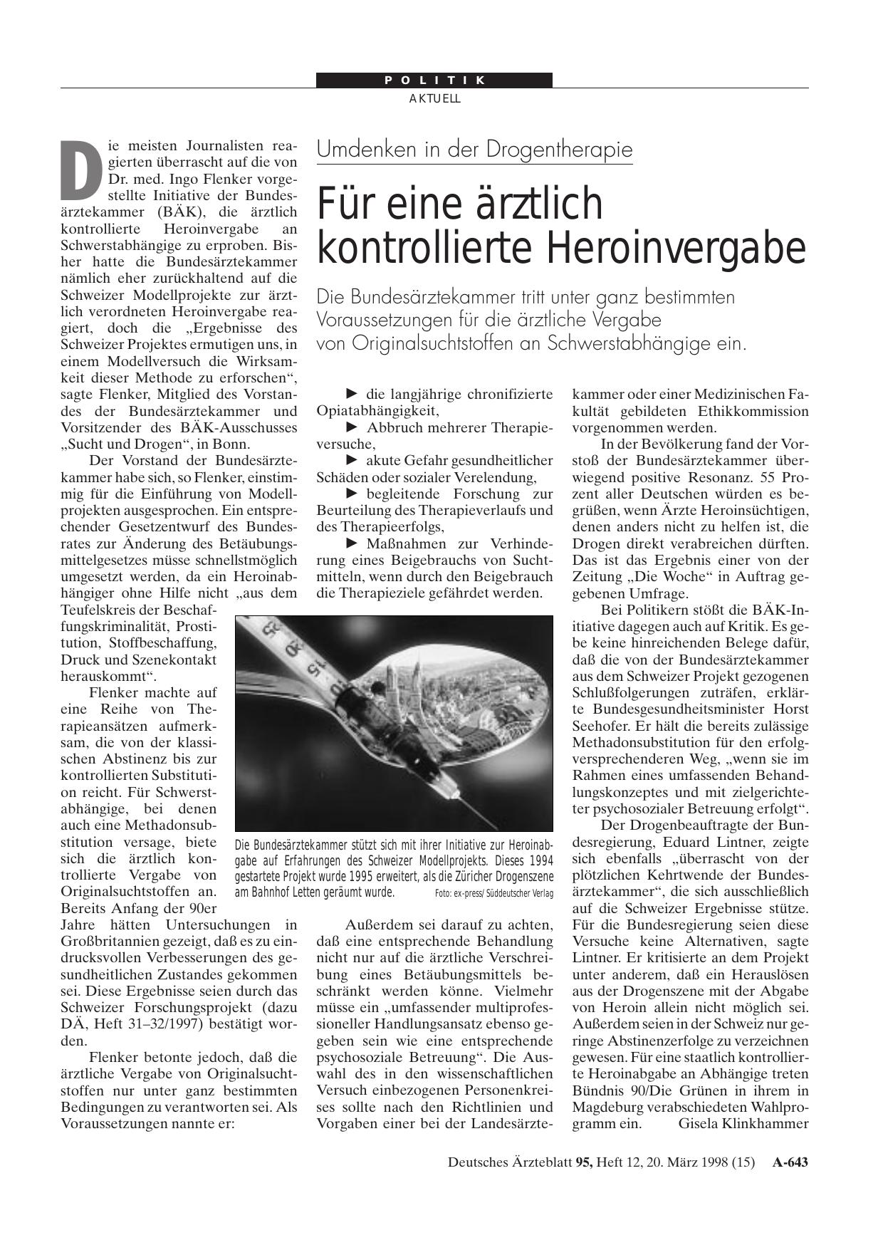Vorschauseite 1: Umdenken in der Drogentherapie: Für eine ärztlich kontrollierte Heroinvergabe