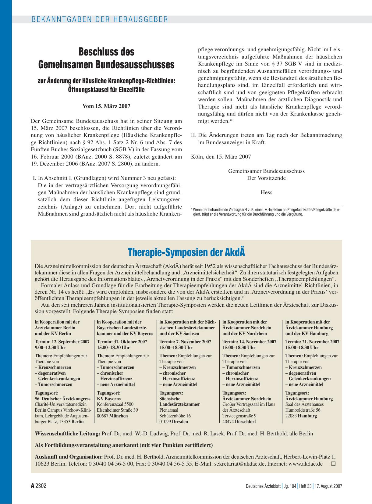 Vorschauseite 1: Therapie-Symposien der AkdÄ