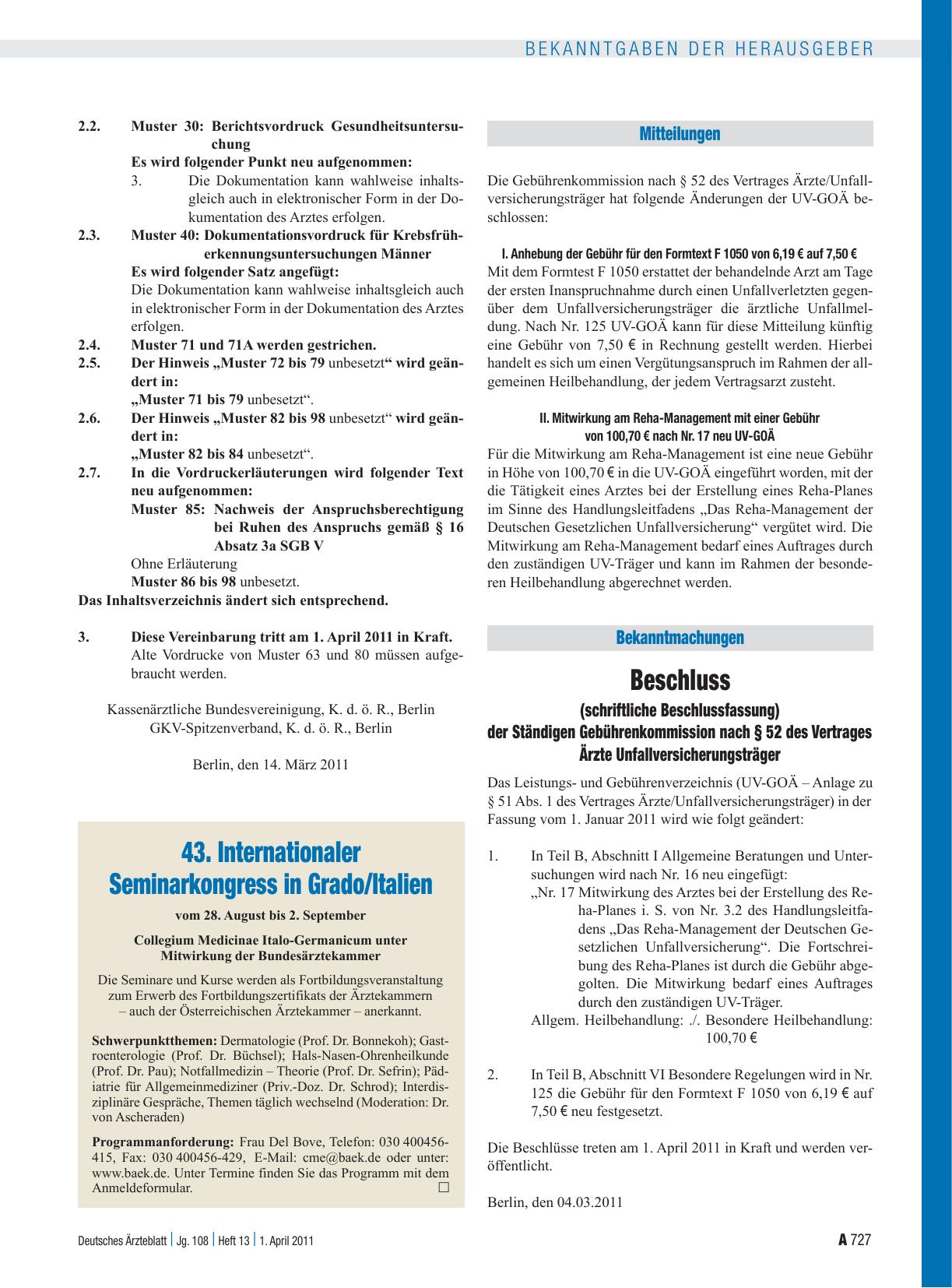 Vorschauseite 1: Beschluss (schriftliche Beschlussfassung) der Ständigen Gebührenkommission nach § 52 des Vertrages Ärzte Unfallversicherungsträger