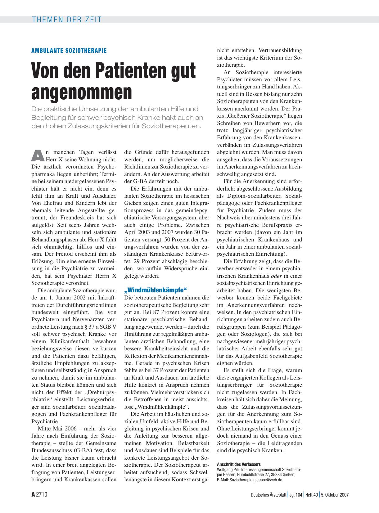 Vorschauseite 1: Ambulante Soziotherapie: Von den Patienten gut angenommen