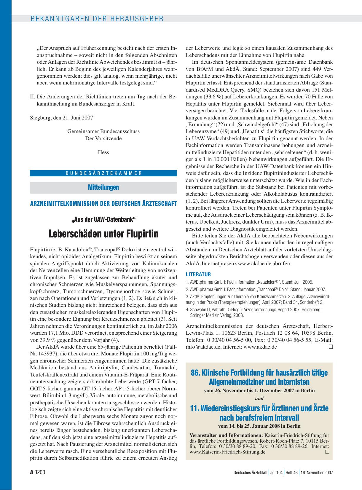 Vorschauseite 1: 86. Klinische Fortbildung für hausärztlich tätige Allgemeinmediziner und Internisten vom 26. November bis 1. Dezember 2007 in Berlin und 11. Wiedereinstiegskurs für Ärztinnen und…