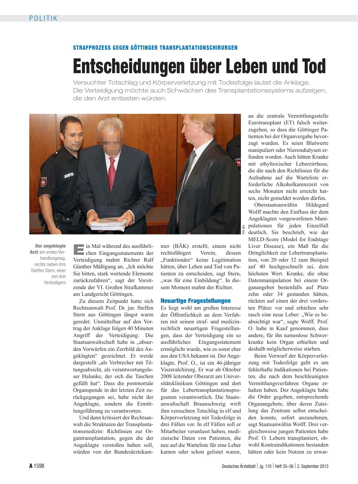 Vorschauseite 1: Strafprozess gegen Göttinger Transplantationschirurgen: Entscheidungen über Leben und Tod
