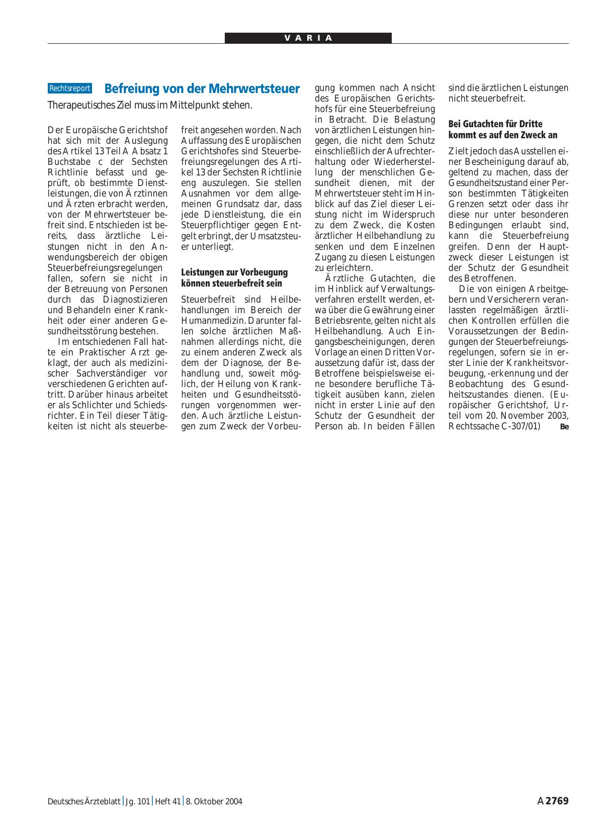 Vorschauseite 1: Befreiung von der Mehrwertsteuer: Therapeutisches Ziel muss im Mittelpunkt stehen.