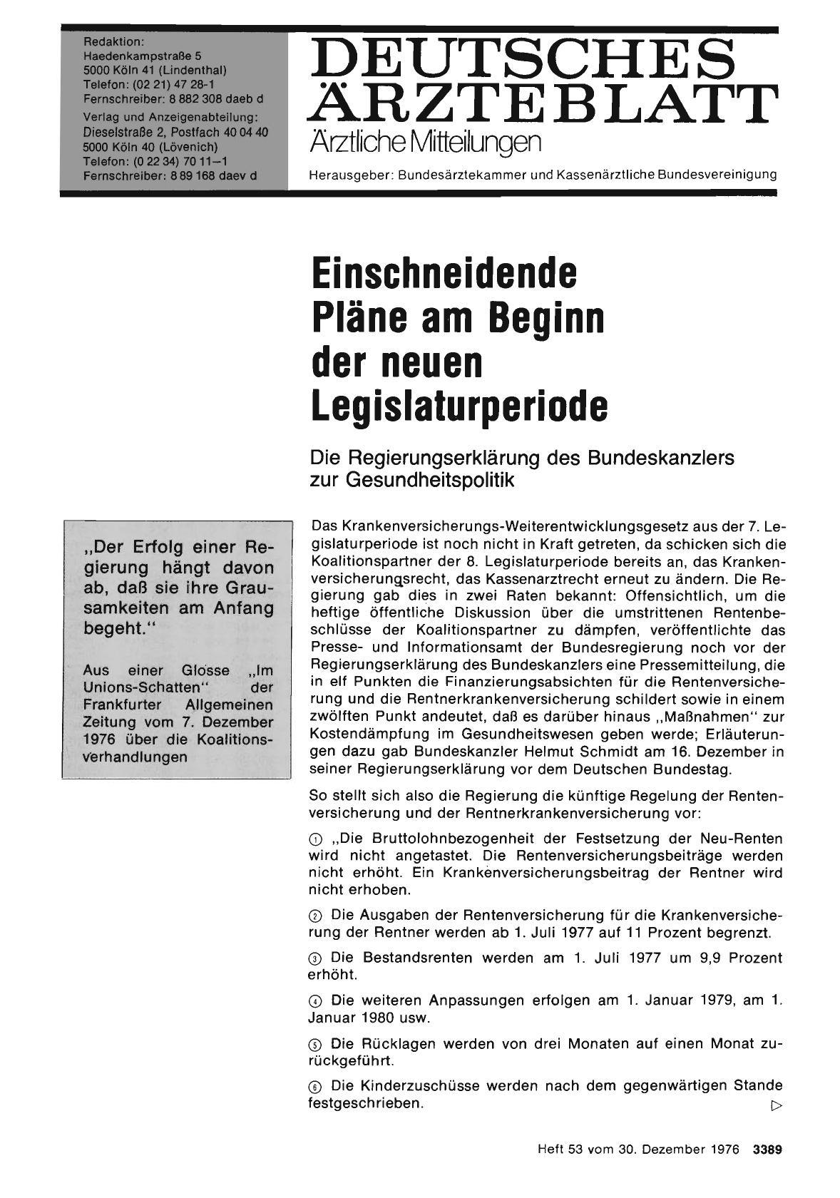 Vorschauseite 1: Einschneidende Pläne am Beginn der neuen Legislaturperiode: Die Regierungserklärung des Bundeskanzlers zur Gesundheitspolitik