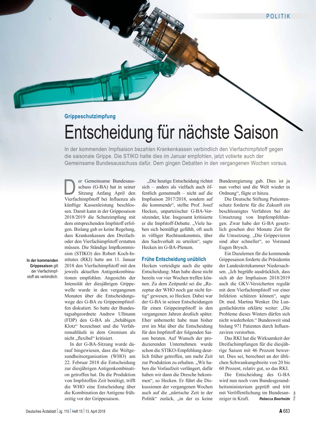 Vorschauseite 1: Grippeschutzimpfung: Entscheidung für nächste Saison