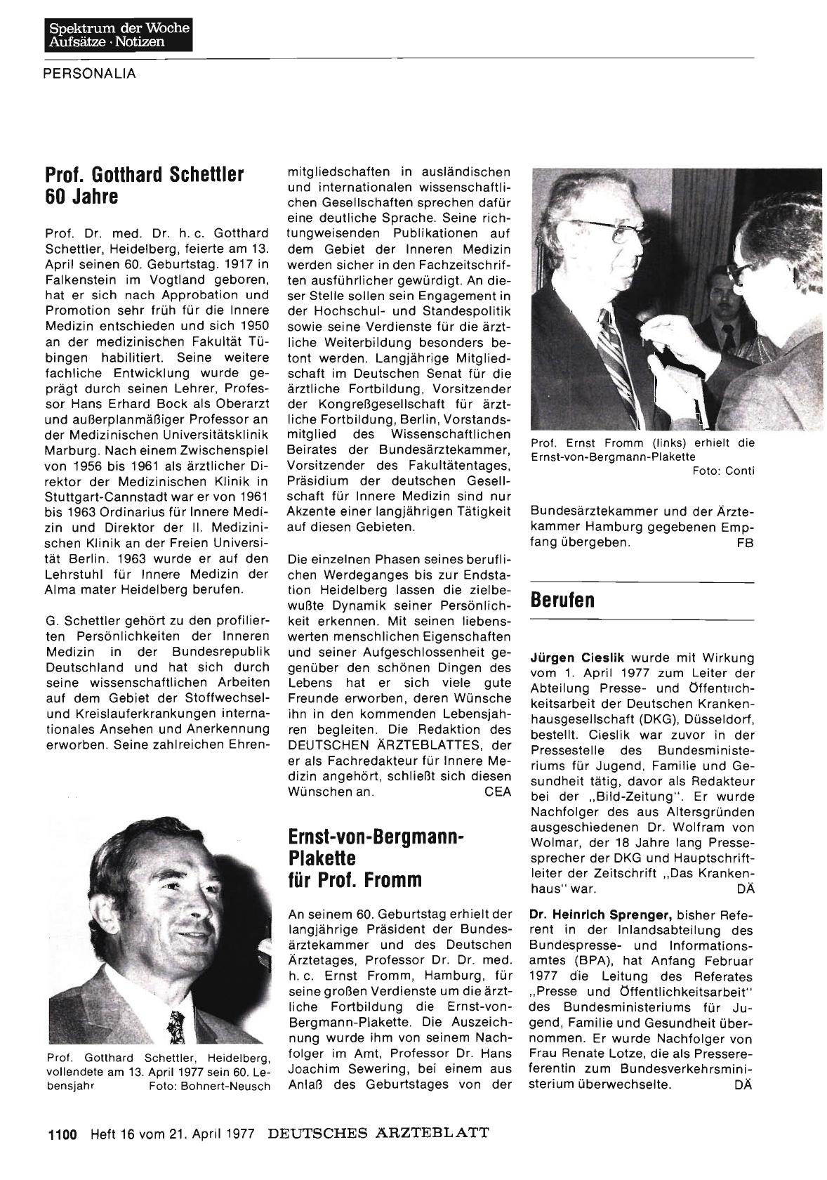 Vorschauseite 1: Prof. Gotthard Schettler 60 Jahre