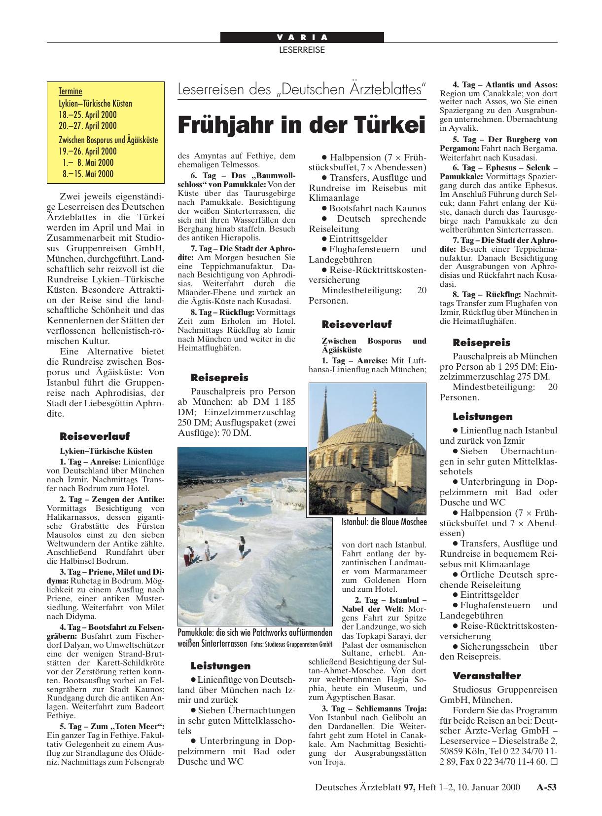 Vorschauseite 1: Leserreisen des „Deutschen Ärzteblattes“: Frühjahr in der Türkei