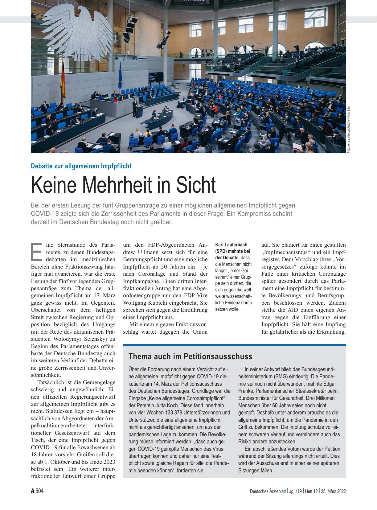 Vorschauseite 1: Debatte zur allgemeinen Impfpflicht: Keine Mehrheit in Sicht