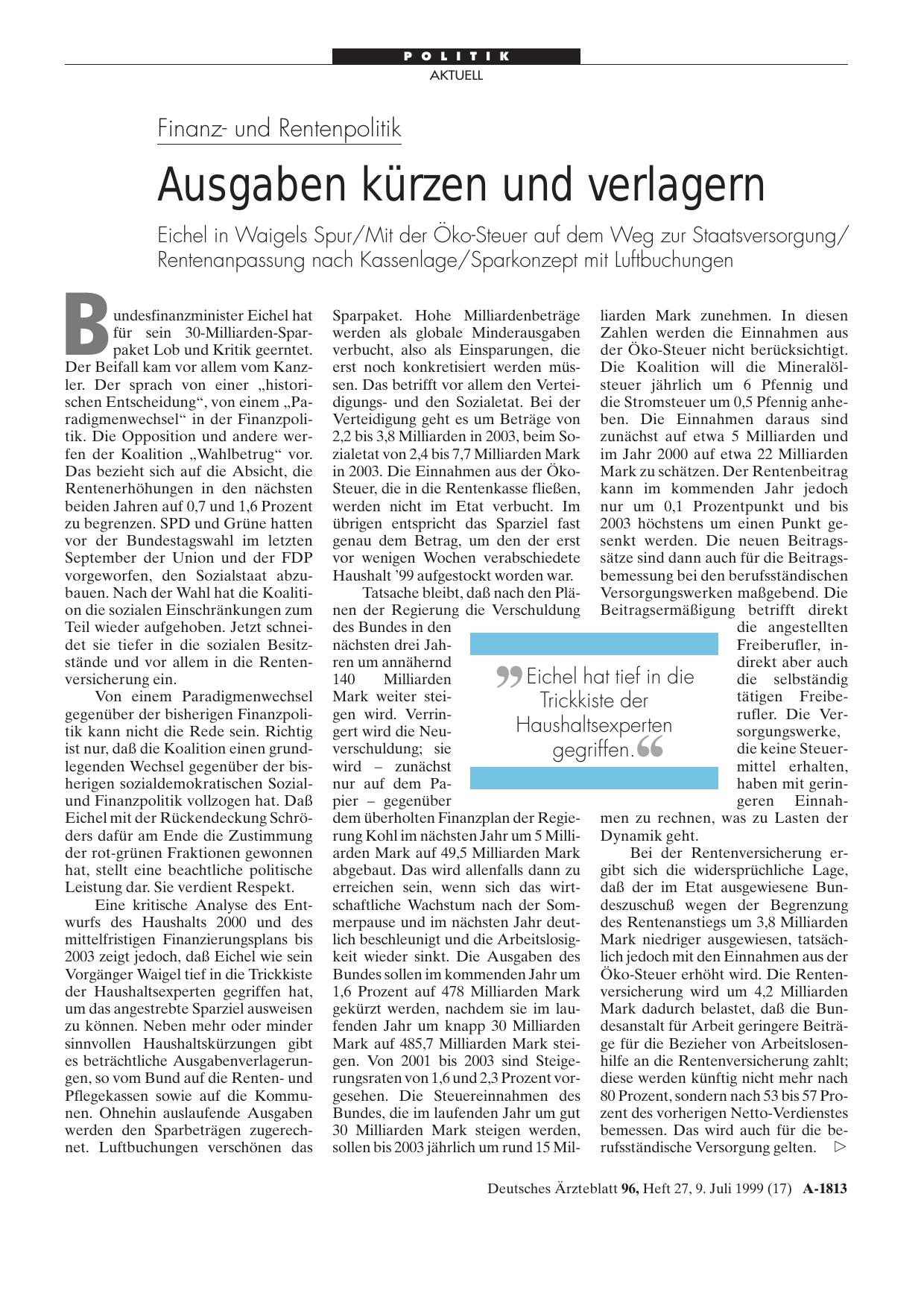 Vorschauseite 1: Finanzund Rentenpolitik: Ausgaben kürzen und verlagern