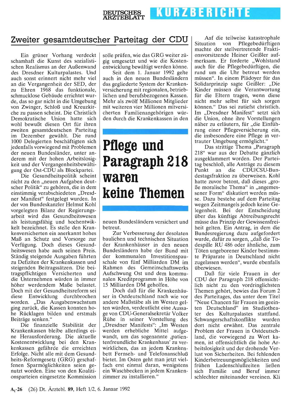 Vorschauseite 1: Zweiter gesamtdeutscher Parteitag der CDU: Pflege und Paragraph 218 waren keine Themen