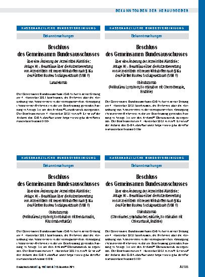 Vorschauseite 1: Beschlüsse über die Nutzenbewertung von Arzneimitteln mit neuen Wirkstoffen nach § 35a des Fünften Buches Sozialgesetzbuch: Obinutuzumab (Follikuläres Lymphom, Kombination mit Ben…