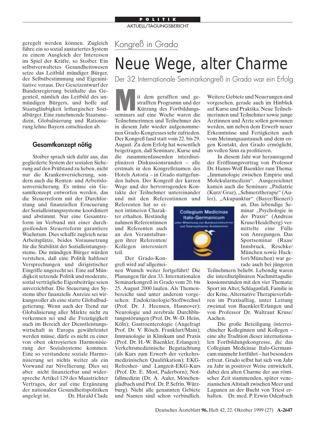 Vorschauseite 1: Kongreß in Grado: Neue Wege, alter Charme
