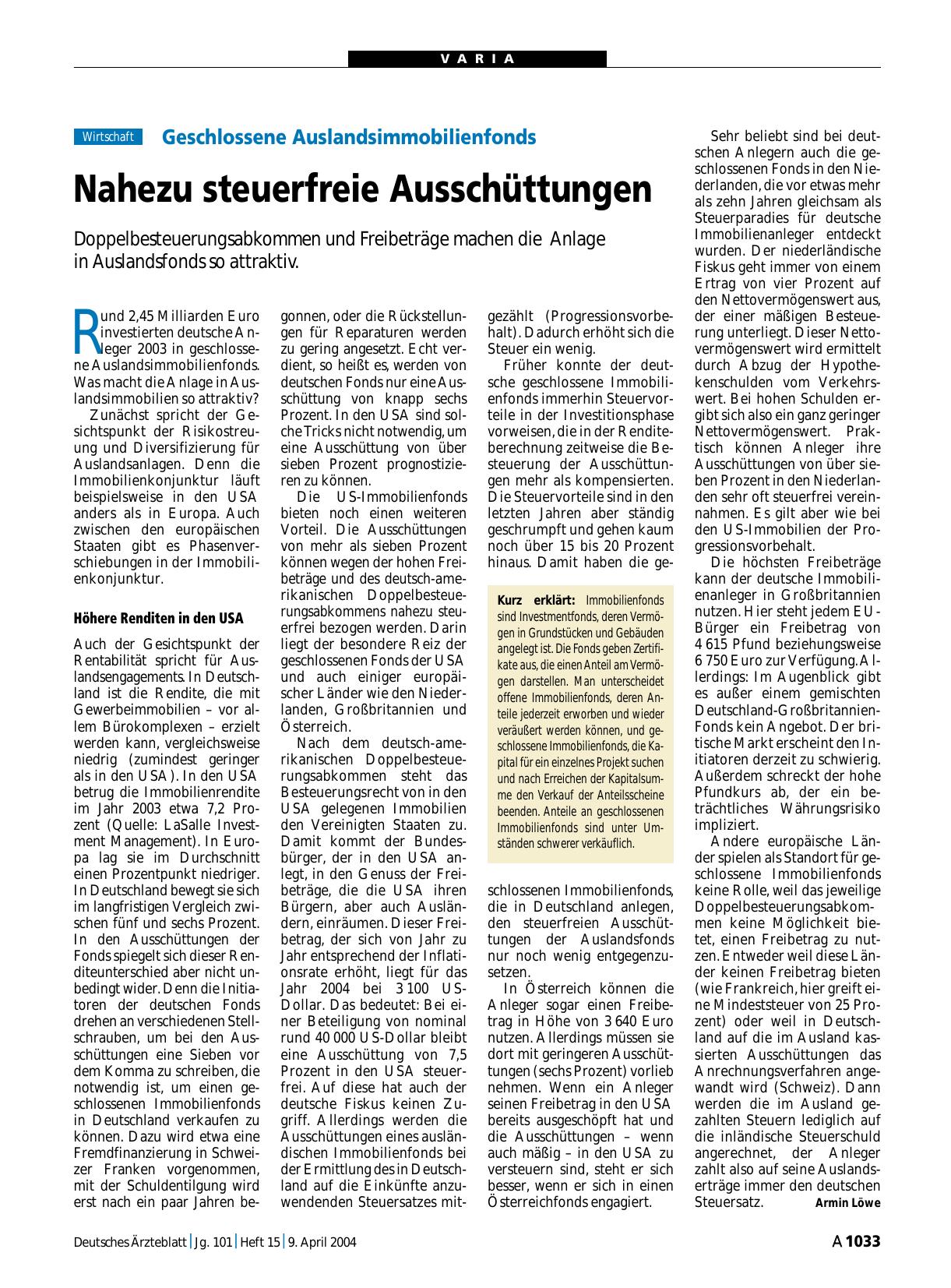 Vorschauseite 1: Geschlossene Auslandsimmobilienfonds: Nahezu steuerfreie Ausschüttungen