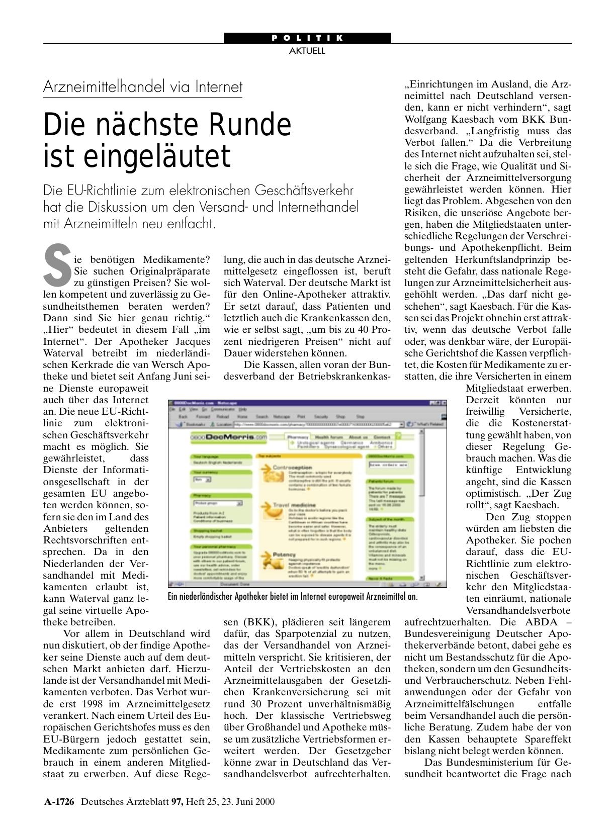 Vorschauseite 1: Arzneimittelhandel via Internet: Die nächste Runde ist eingeläutet