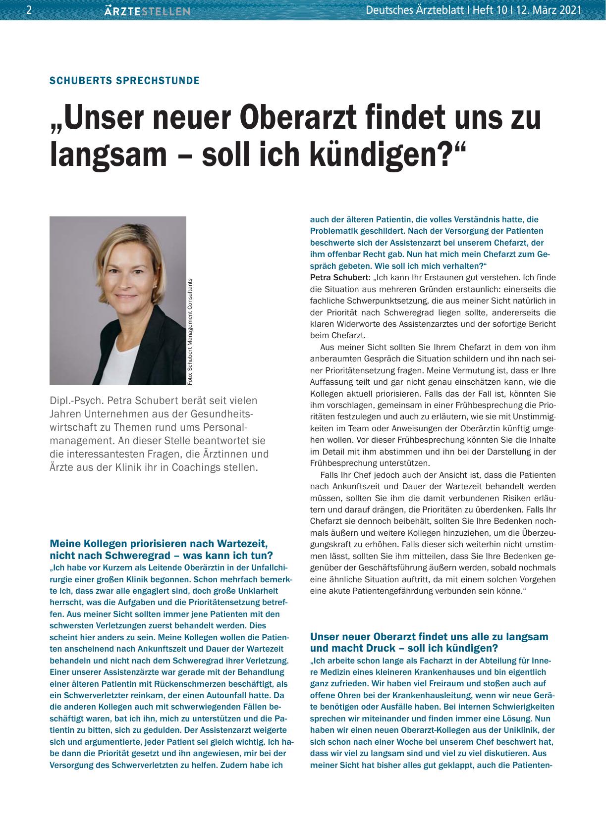 Vorschauseite 1: Schuberts Sprechstunde: „Unser neuer Oberarzt findet uns zu langsam – soll ich kündigen? “