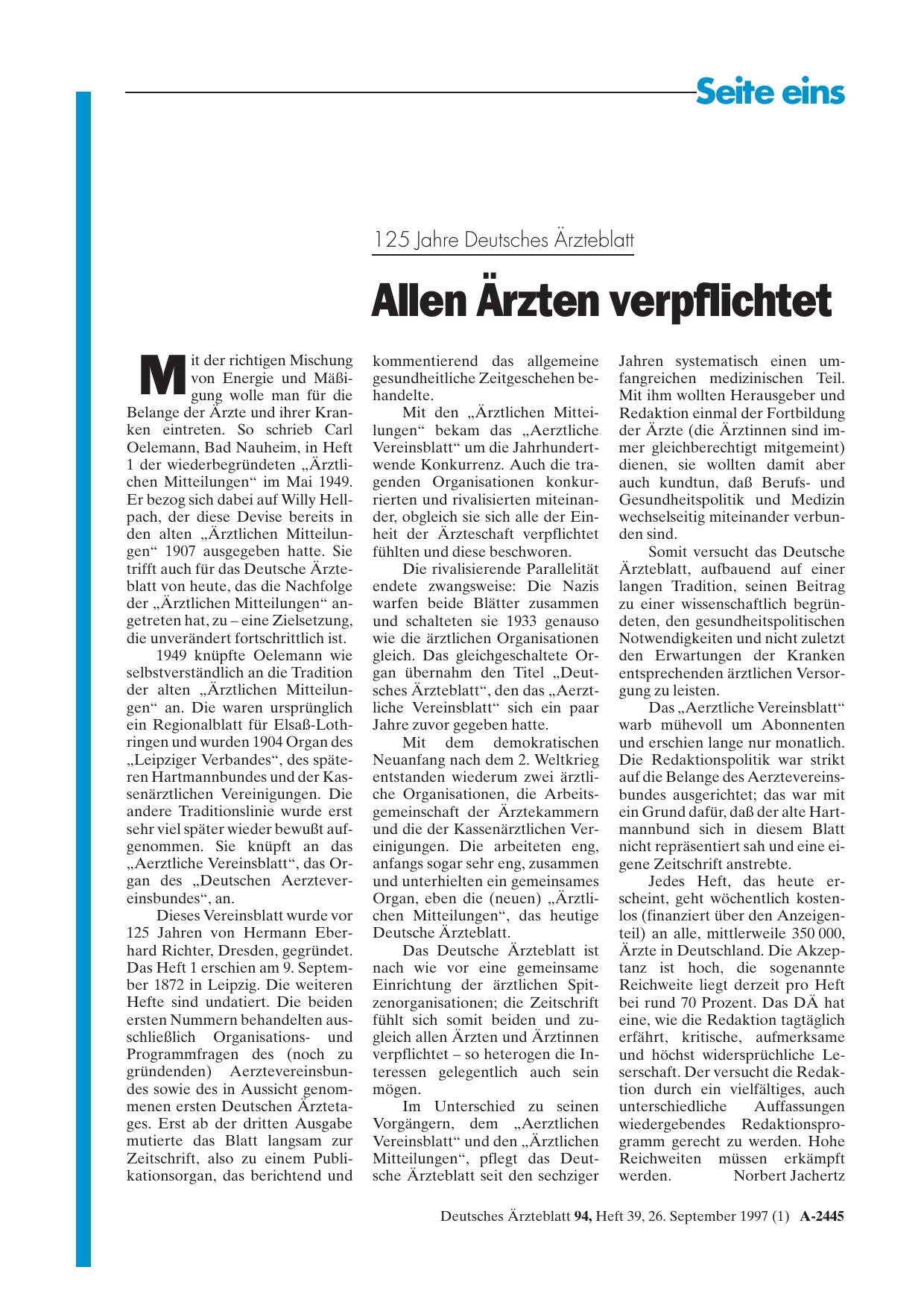Vorschauseite 1: 125 Jahre Deutsches Ärzteblatt: Allen Ärzten verpflichtet