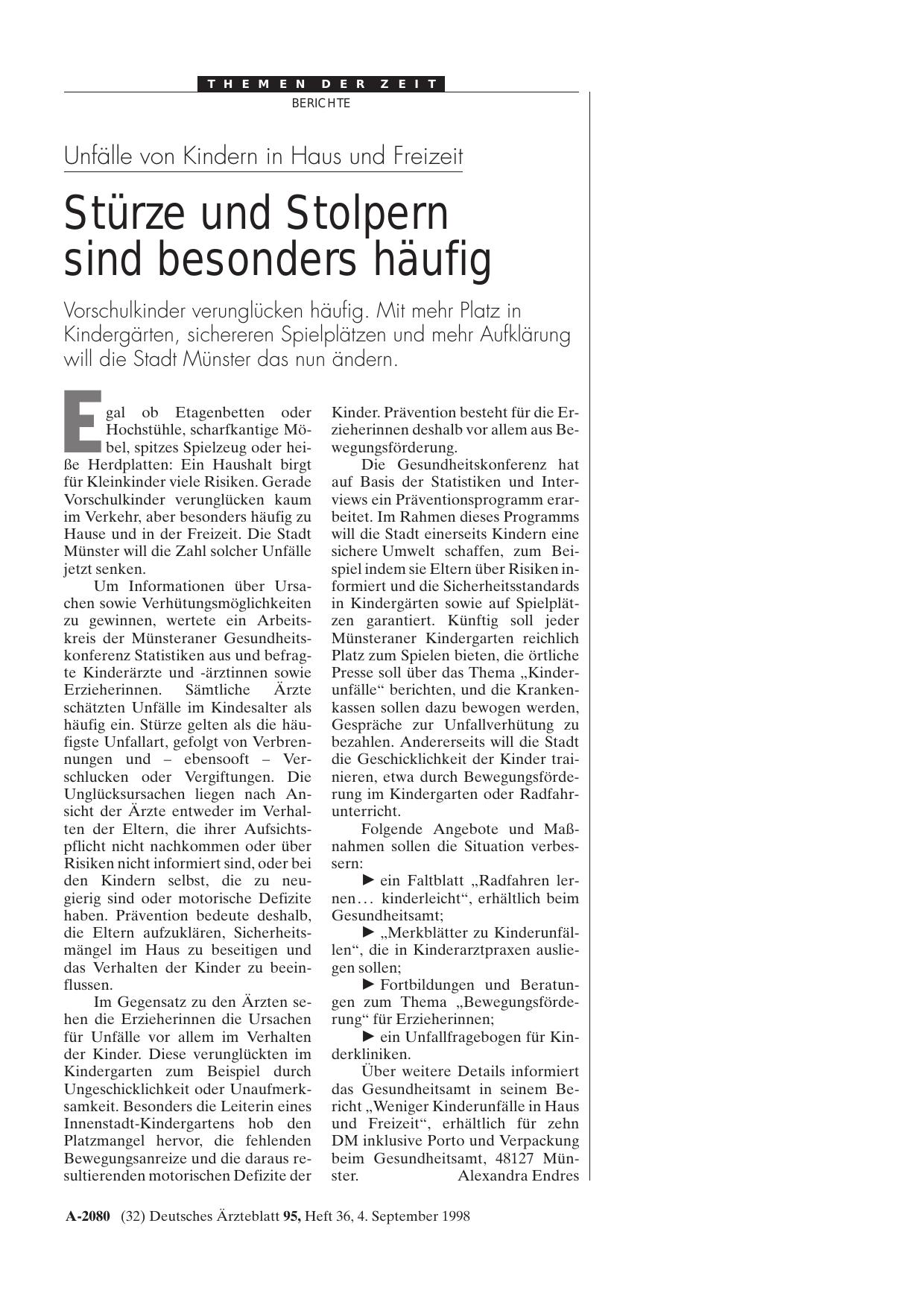 Vorschauseite 1: Unfälle von Kindern in Haus und Freizeit: Stürze und Stolpern sind besonders häufig