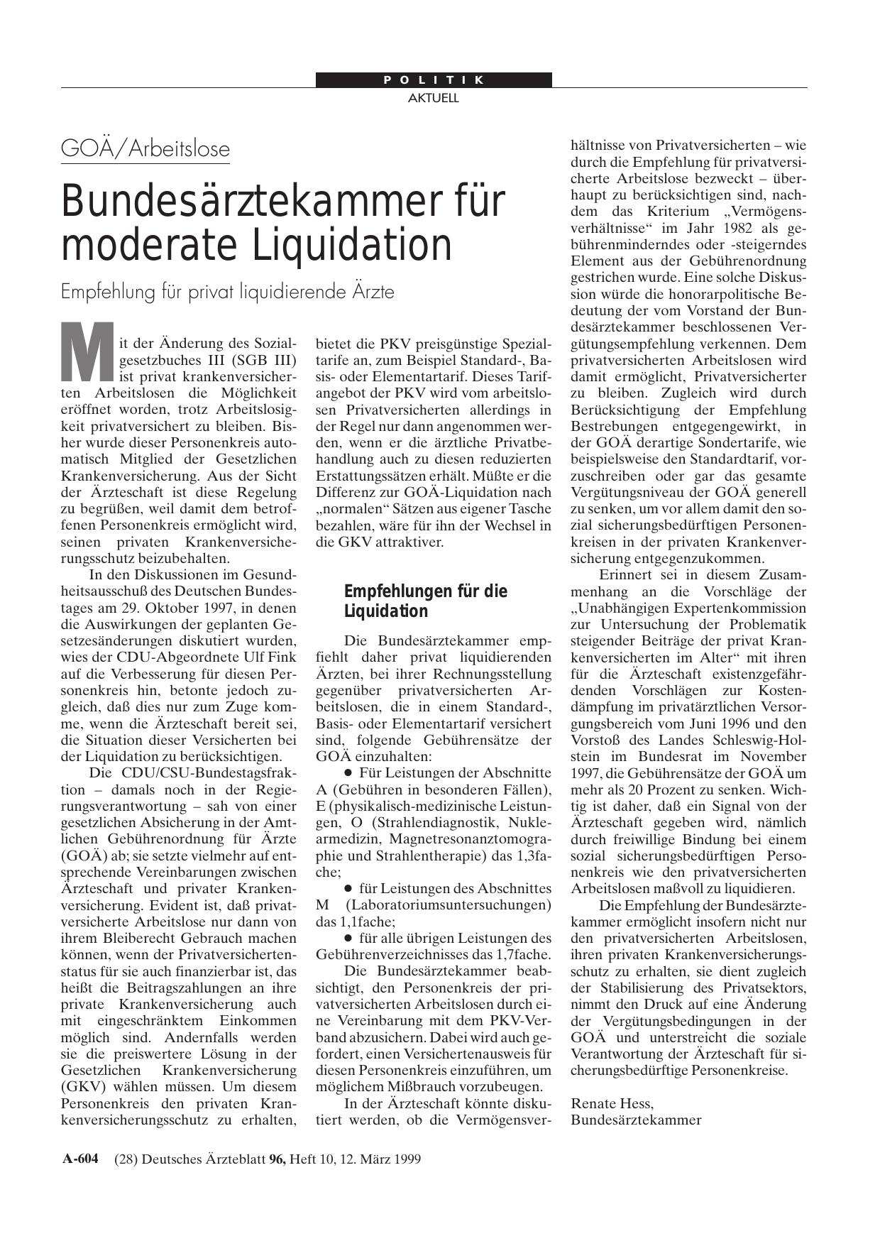 Vorschauseite 1: GOÄ/Arbeitslose: Bundesärztekammer für moderate Liquidation