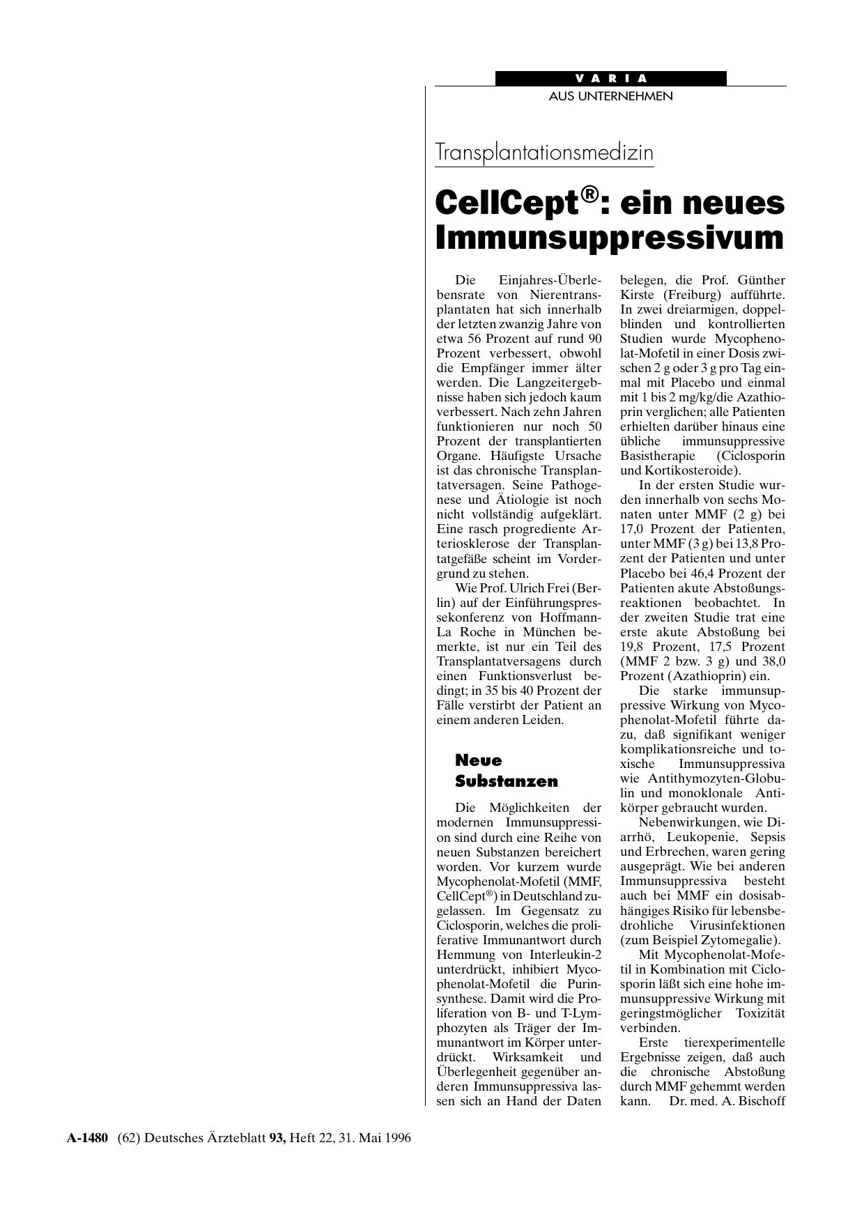 Vorschauseite 1: Transplantationsmedizin: CellCept® – ein neues Immunsuppressivum
