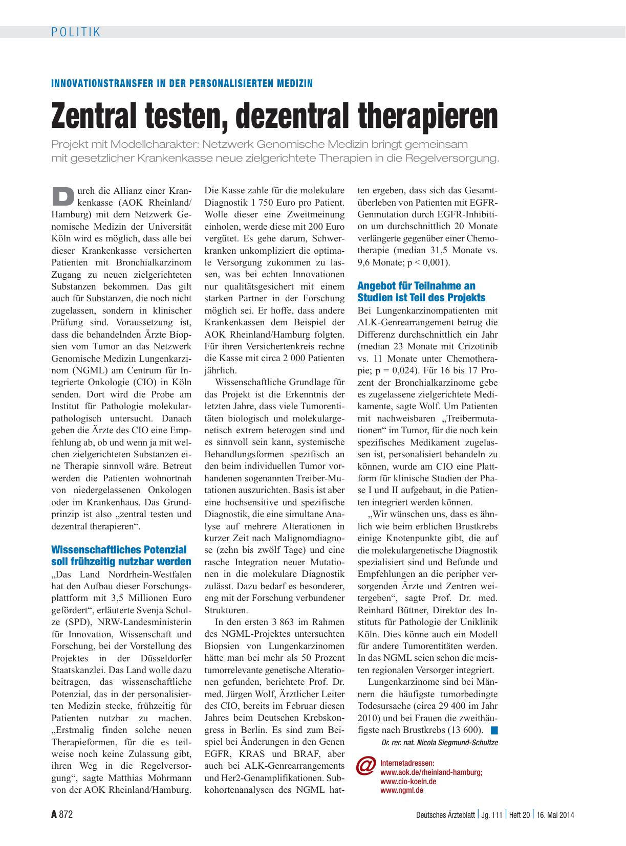Vorschauseite 1: Innovationstransfer in der Personalisierten Medizin: Zentral testen, dezentral therapieren