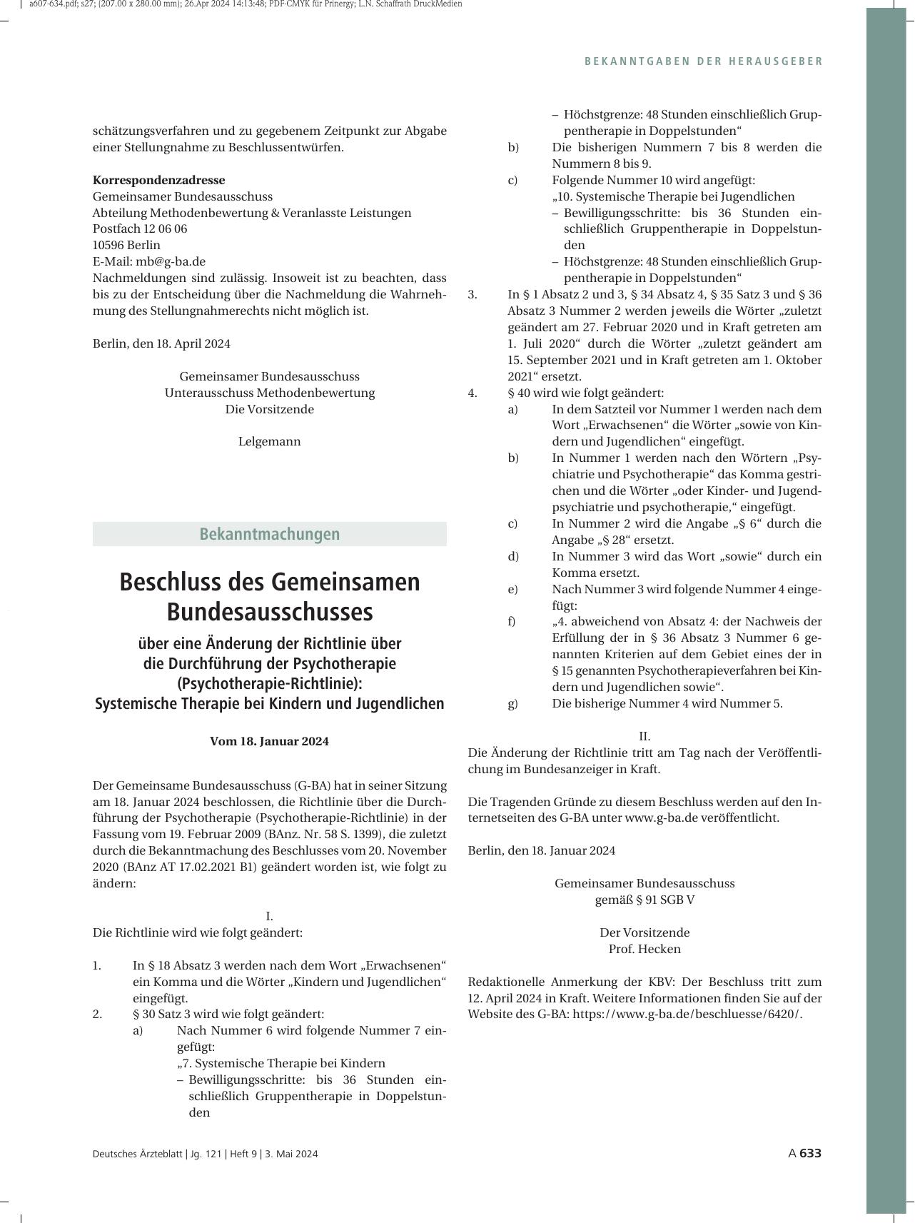 Vorschauseite 1: Beschluss des Gemeinsamen Bundesausschusses über eine Änderung der Richtlinie über die Durchführung der Psychotherapie (Psychotherapie-Richtlinie): Systemische Therapie bei Kinder…