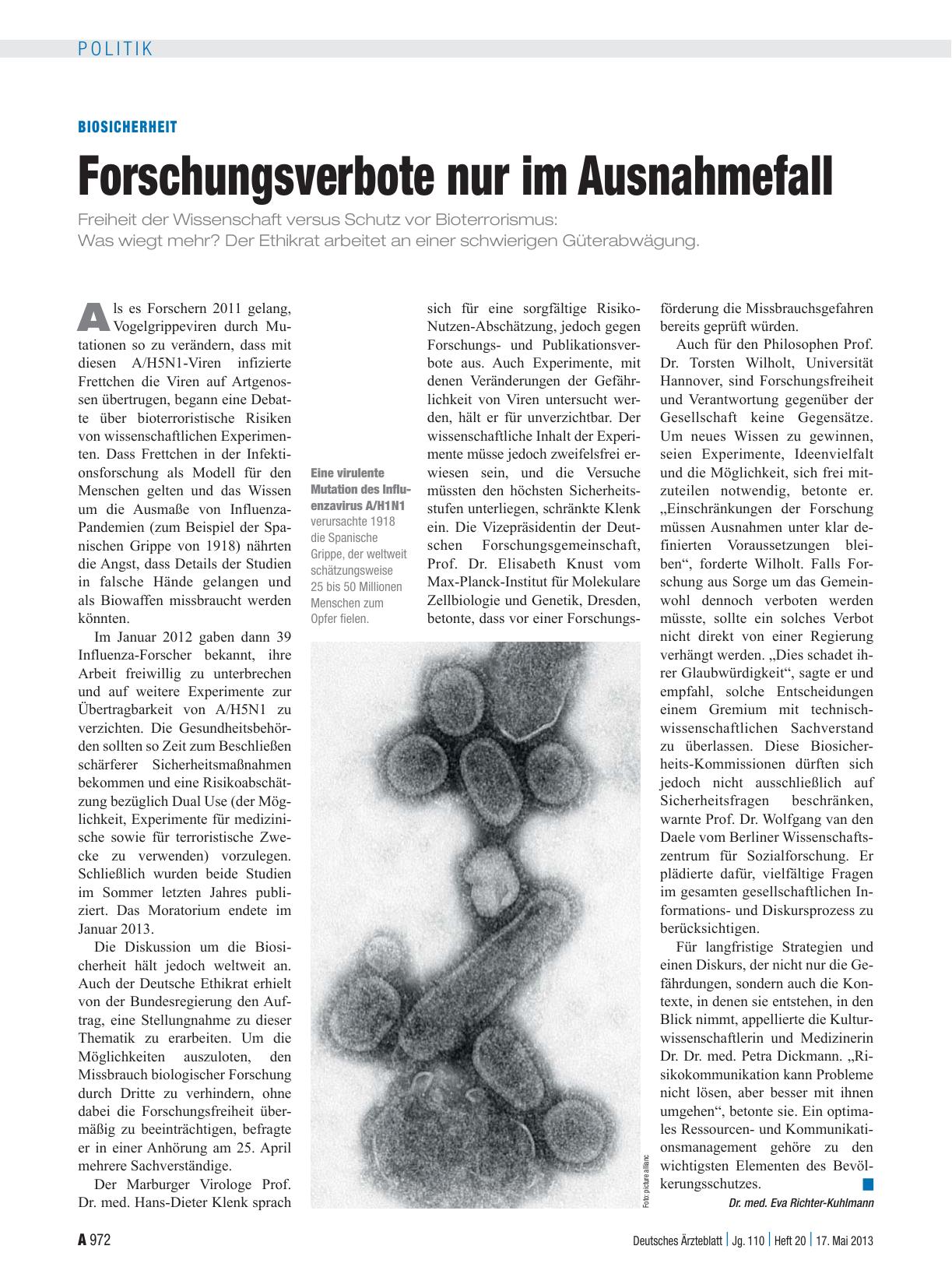 Vorschauseite 1: Biosicherheit: Forschungsverbote nur im Ausnahmefall