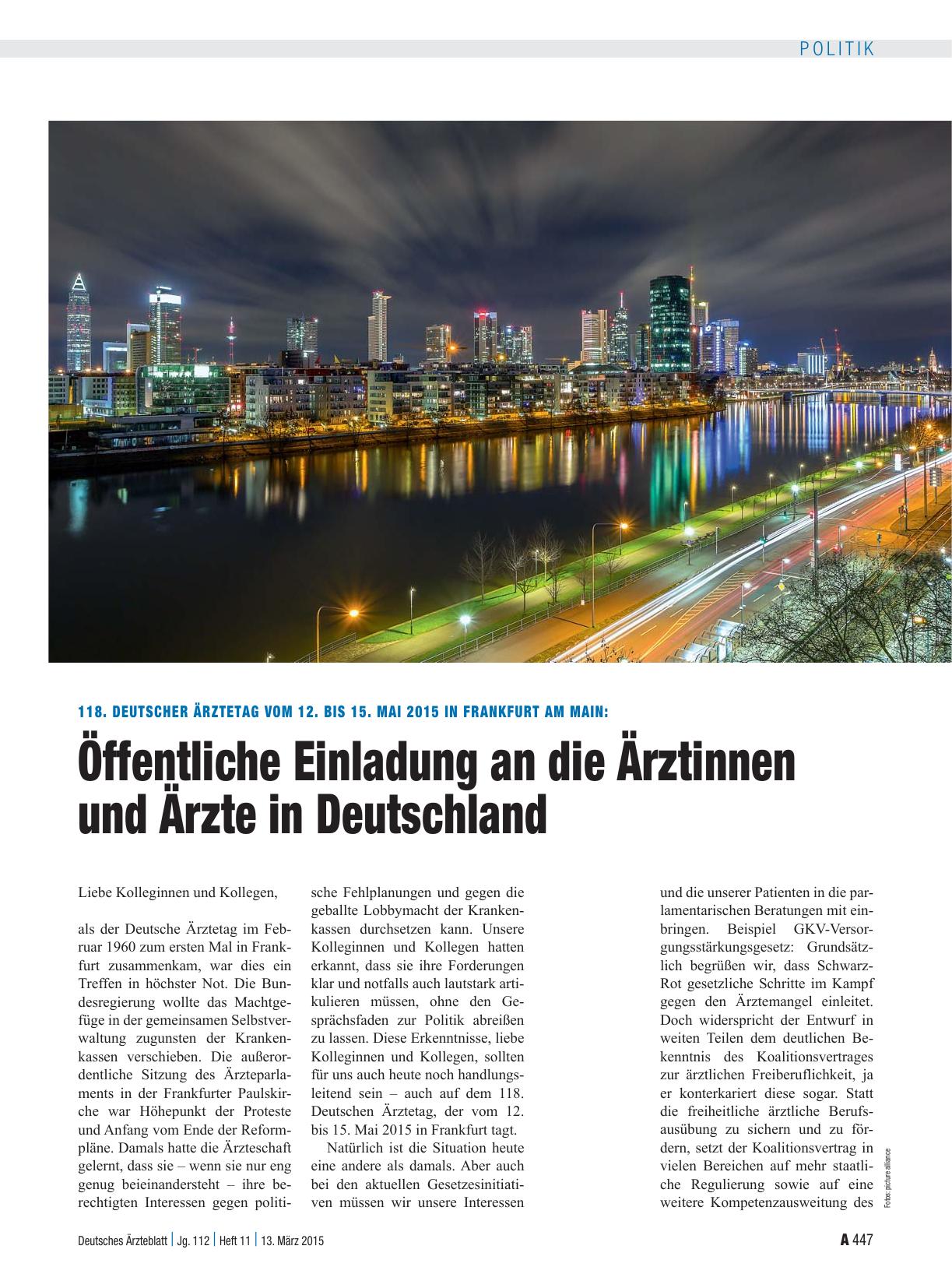 Vorschauseite 1: 118. Deutscher Ärztetag vom 12. bis 15. Mai 2015 in Frankfurt am Main: Öffentliche Einladung an die Ärztinnen und Ärzte in Deutschland
