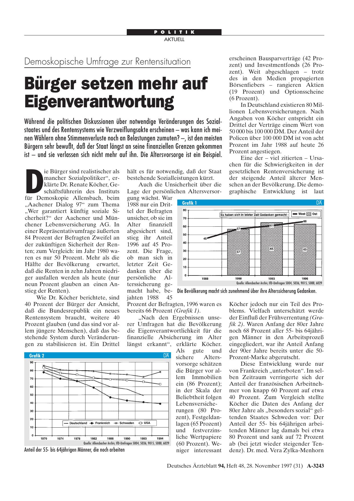 Vorschauseite 1: Demoskopische Umfrage zur Rentensituation: Bürger setzen mehr auf Eigenverantwortung