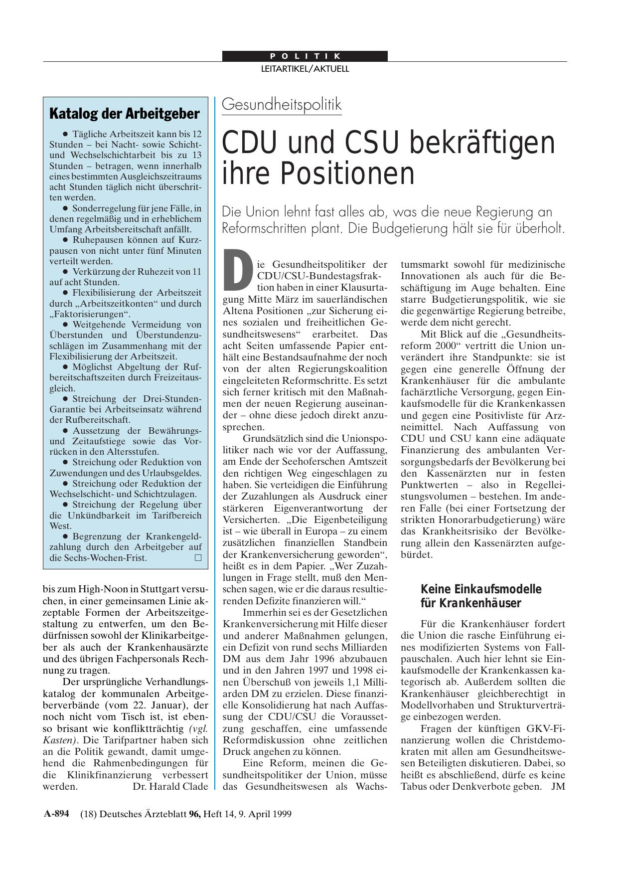 Vorschauseite 1: Gesundheitspolitik: CDU und CSU bekräftigen ihre Positionen