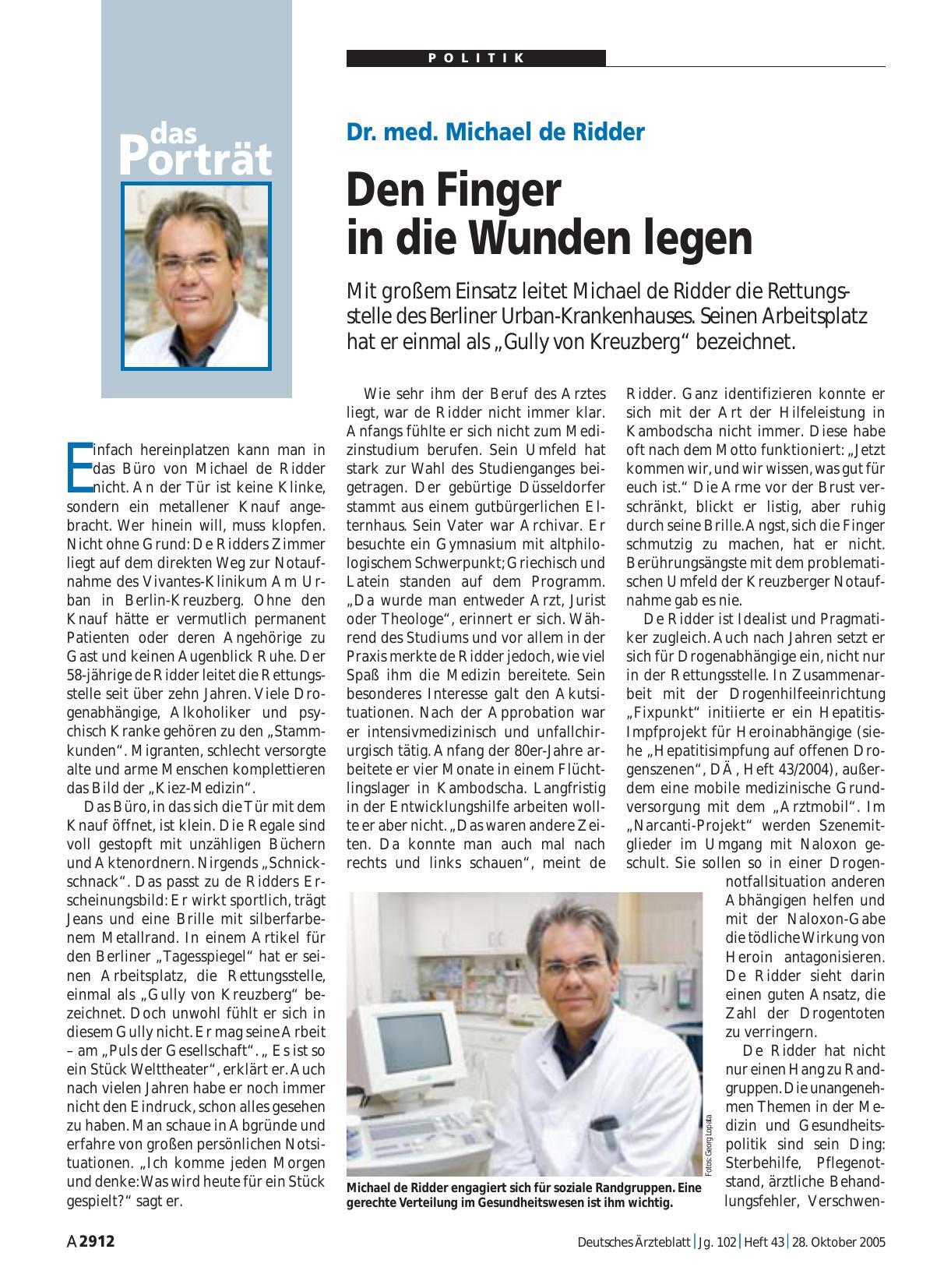 Vorschauseite 1: Das Porträt: Dr. med. Michael de Ridder – Den Finger in die Wunden legen