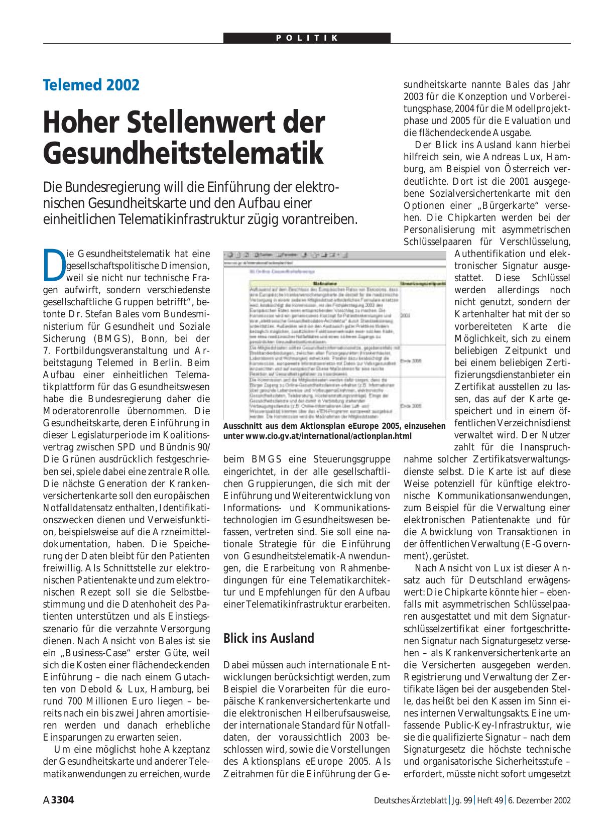 Vorschauseite 1: Telemed 2002: Hoher Stellenwert der Gesundheitstelematik