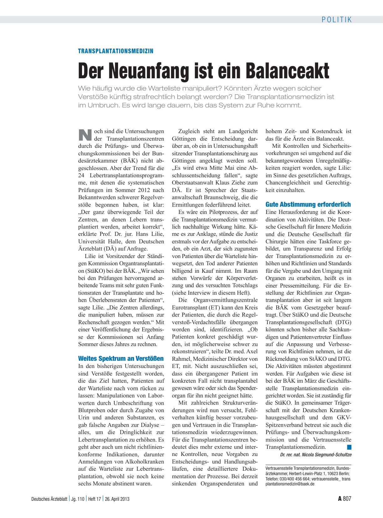 Vorschauseite 1: Transplantationsmedizin: Der Neuanfang ist ein Balanceakt