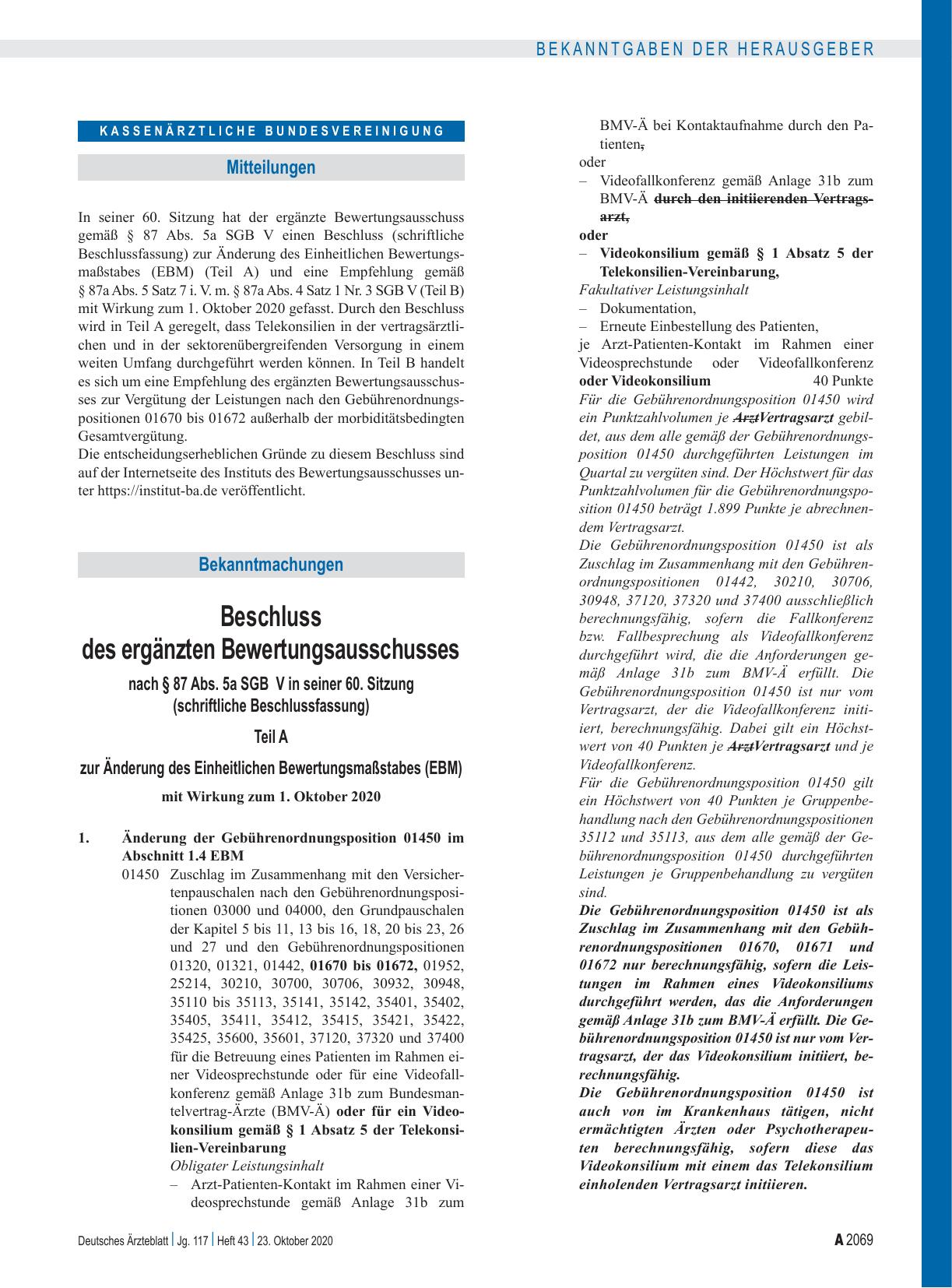 Vorschauseite 1: Beschluss des ergänzten Bewertungsausschusses nach § 87 Abs. 5a SGB V in seiner 60. Sitzung (schriftliche Beschlussfassung)