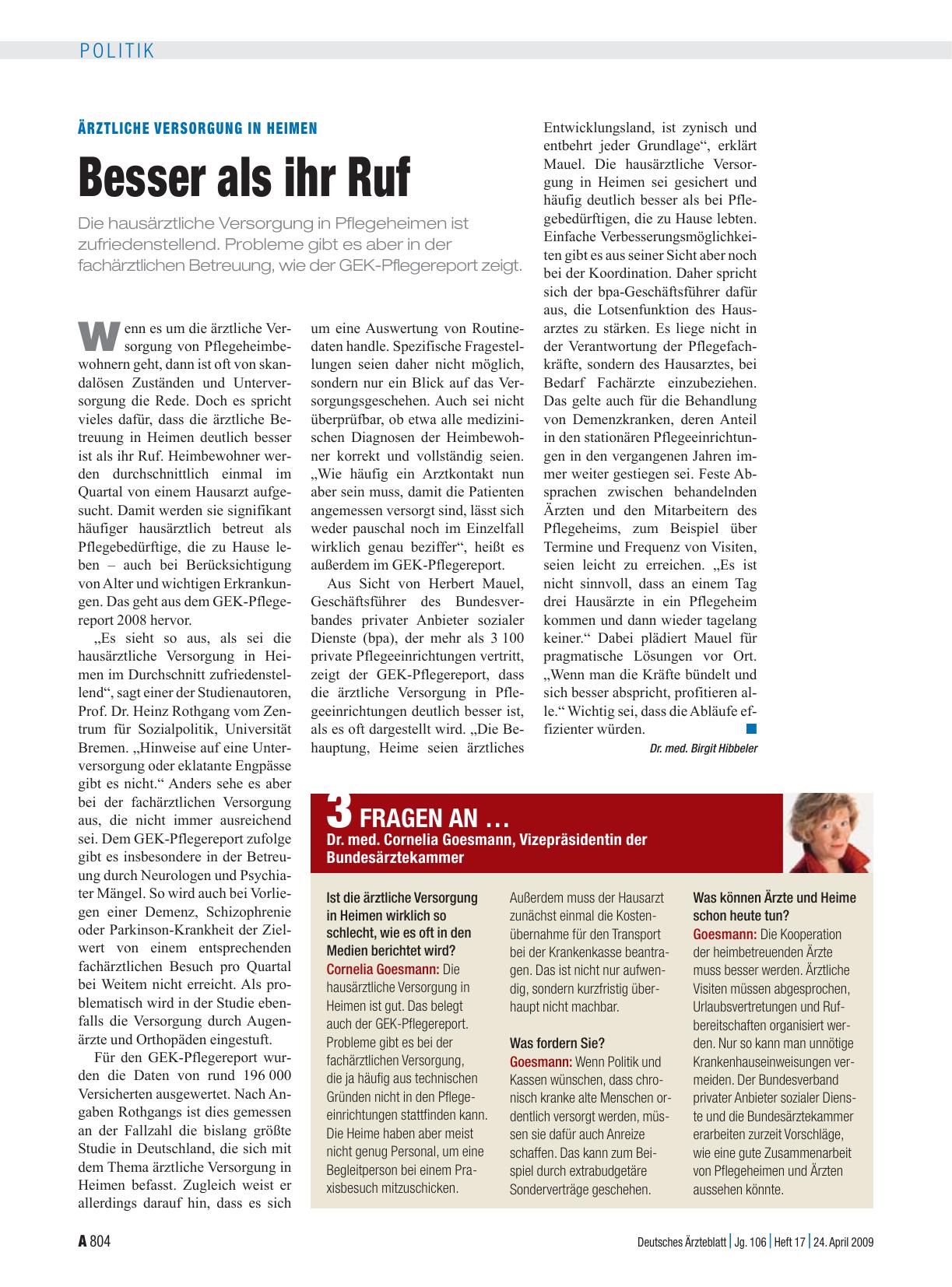 Vorschauseite 1: Ärztliche Versorgung in Heimen: Besser als ihr Ruf