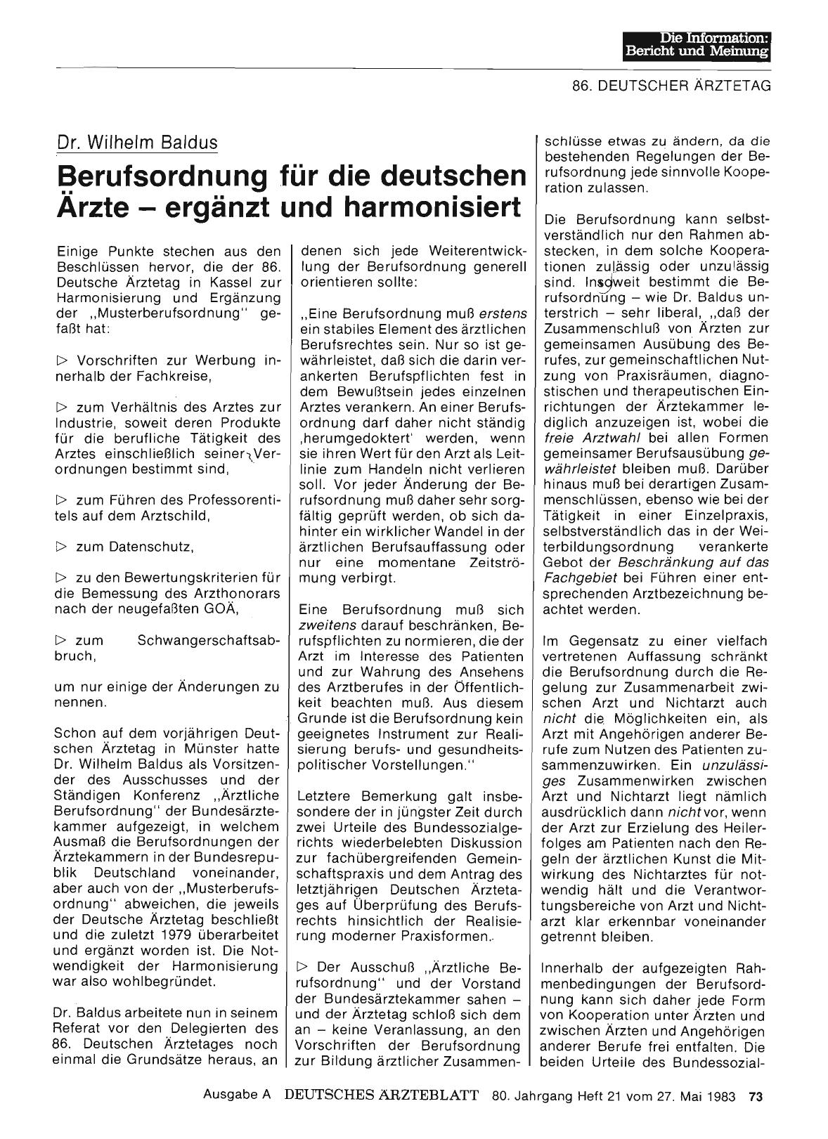 Vorschauseite 1: Dr. Wilhelm Baldus: Berufsordnung für die deutschen Ärzte ergänzt und harmonisiert