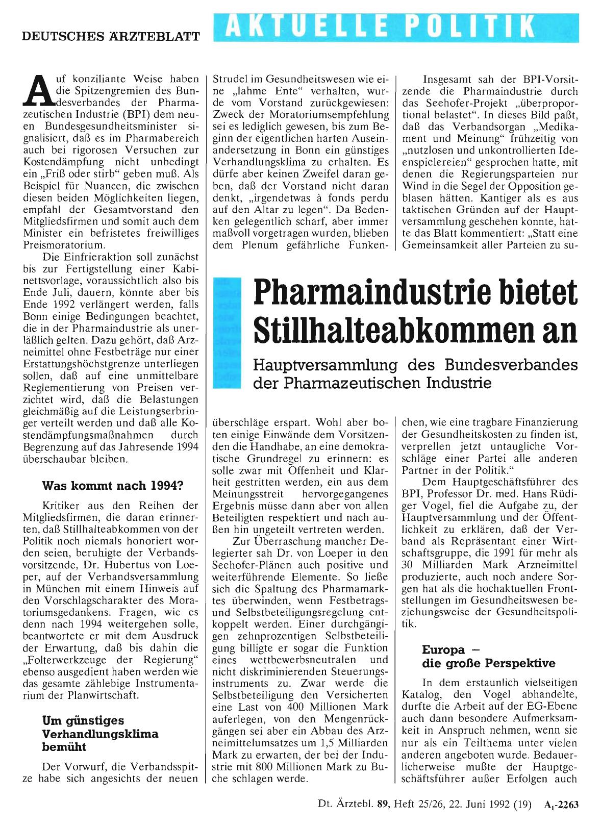 Vorschauseite 1: Pharmaindustrie bietet Stillhalteabkommen an