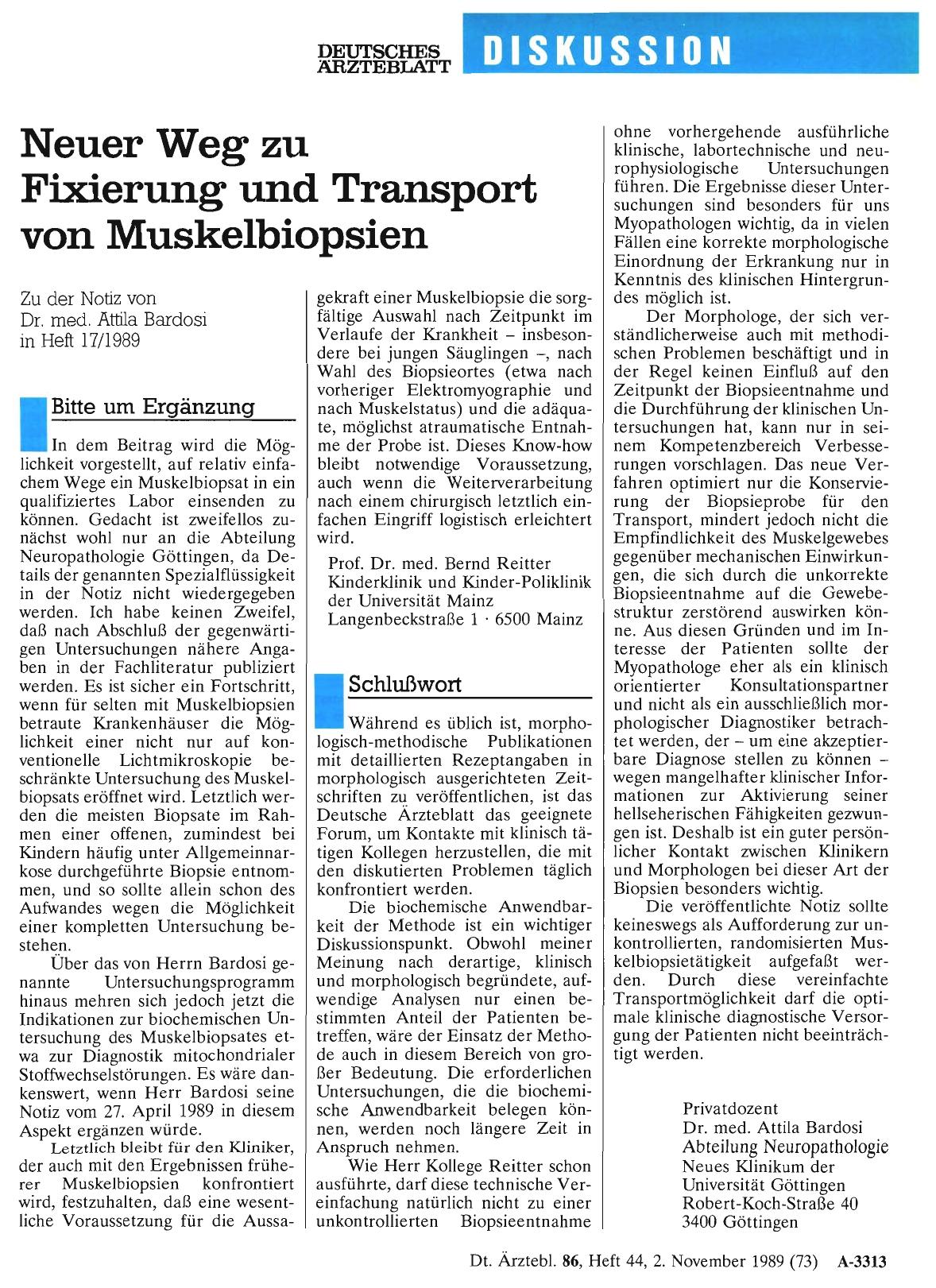 Vorschauseite 1: Neuer Weg zu Fixierung und Transport von Muskelbiopsien: Schlußwort