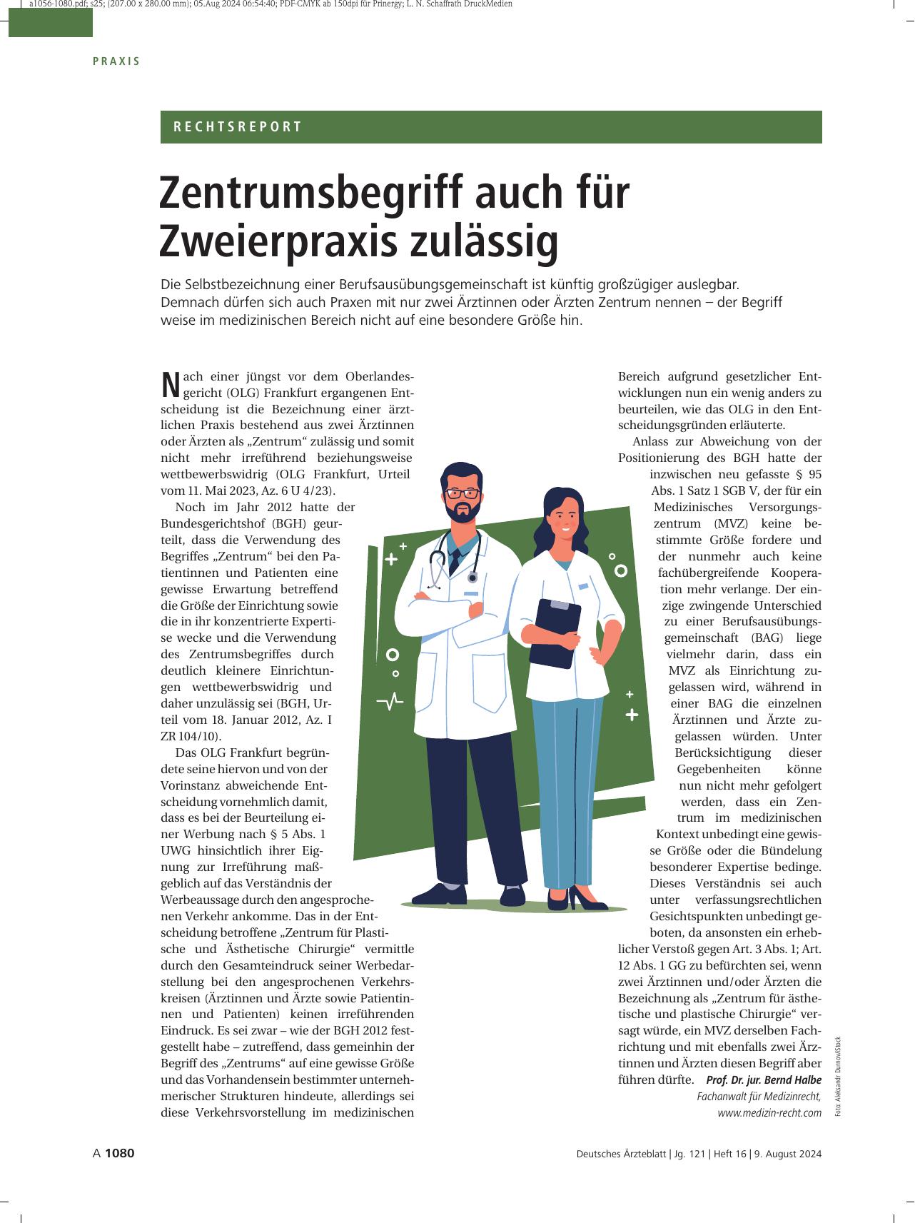 Vorschauseite 1: Zentrumsbegriff auch für Zweierpraxis zulässig