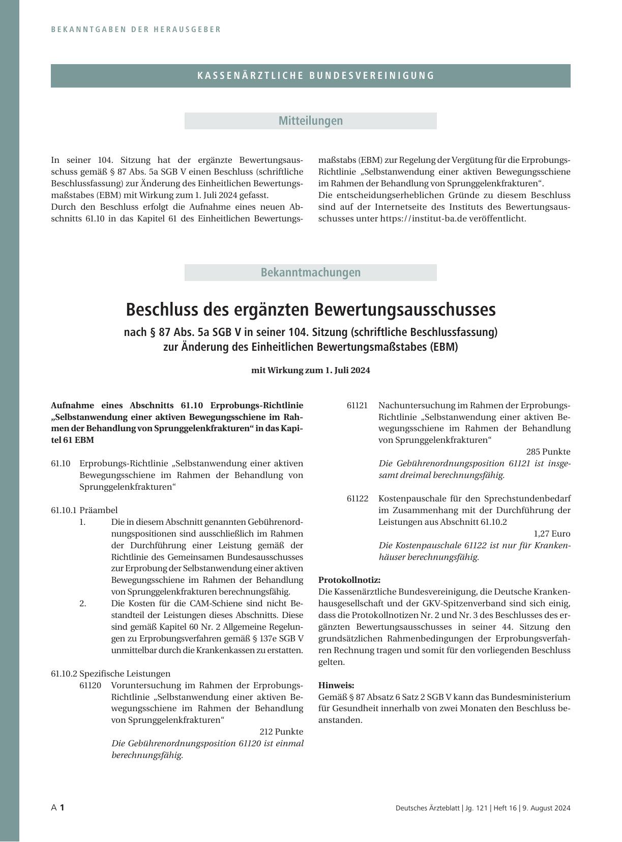 Vorschauseite 1: Beschluss des ergänzten Bewertungsausschusses nach § 87 Abs. 5a SGB V in seiner 104. Sitzung (schriftliche Beschlussfassung) zur Änderung des Einheitlichen Bewertungsmaßstabes (EB…