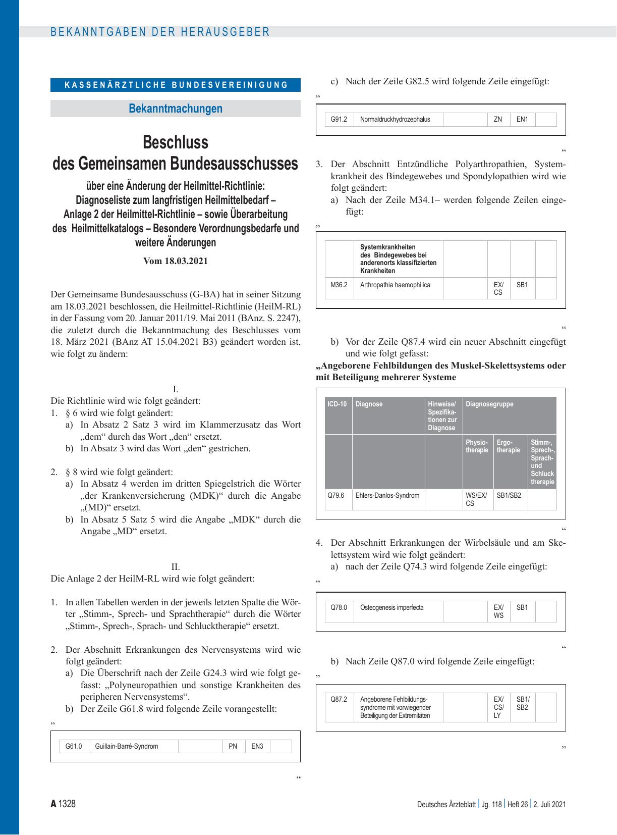 Vorschauseite 1: Beschluss des Gemeinsamen Bundesausschusses über eine Änderung der Heilmittel-Richtlinie: Diagnoseliste zum langfristigen Heilmittelbedarf – Anlage 2 der Heilmittel-Richtlinie – s…