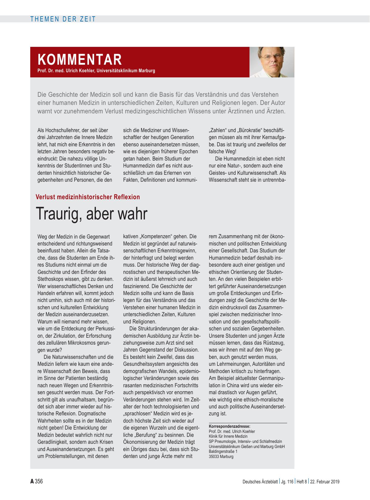 Vorschauseite 1: Verlust medizinhistorischer Reflexion: Traurig, aber wahr