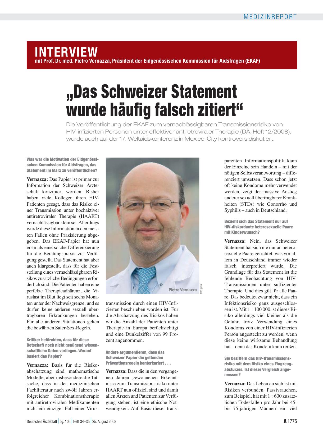 Vorschauseite 1: Interview mit Prof. Dr. med. Pietro Vernazza, Präsident der Eidgenössischen Kommission für Aidsfragen (EKAF): „Das Schweizer Statement wurde häufig falsch zitiert“