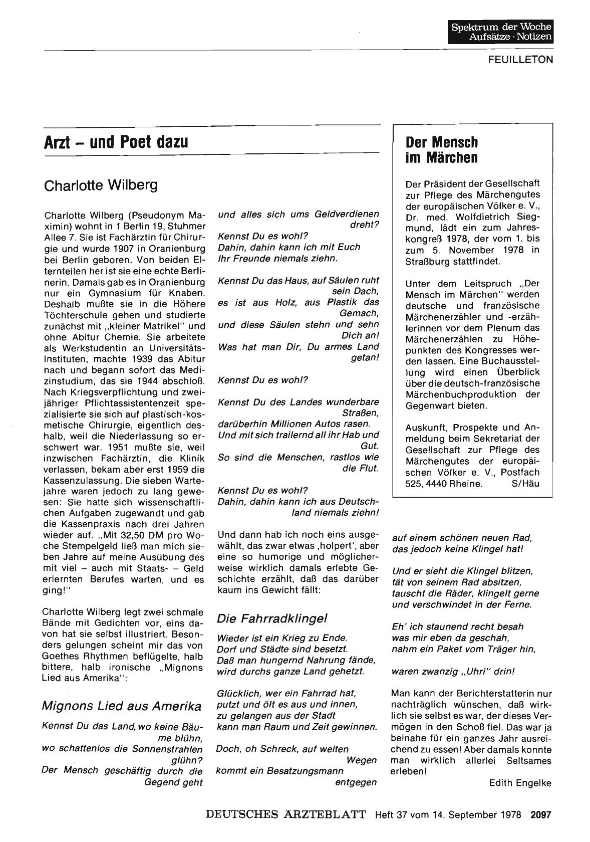 Vorschauseite 1: Arzt — und Poet dazu: Charlotte Wilberg