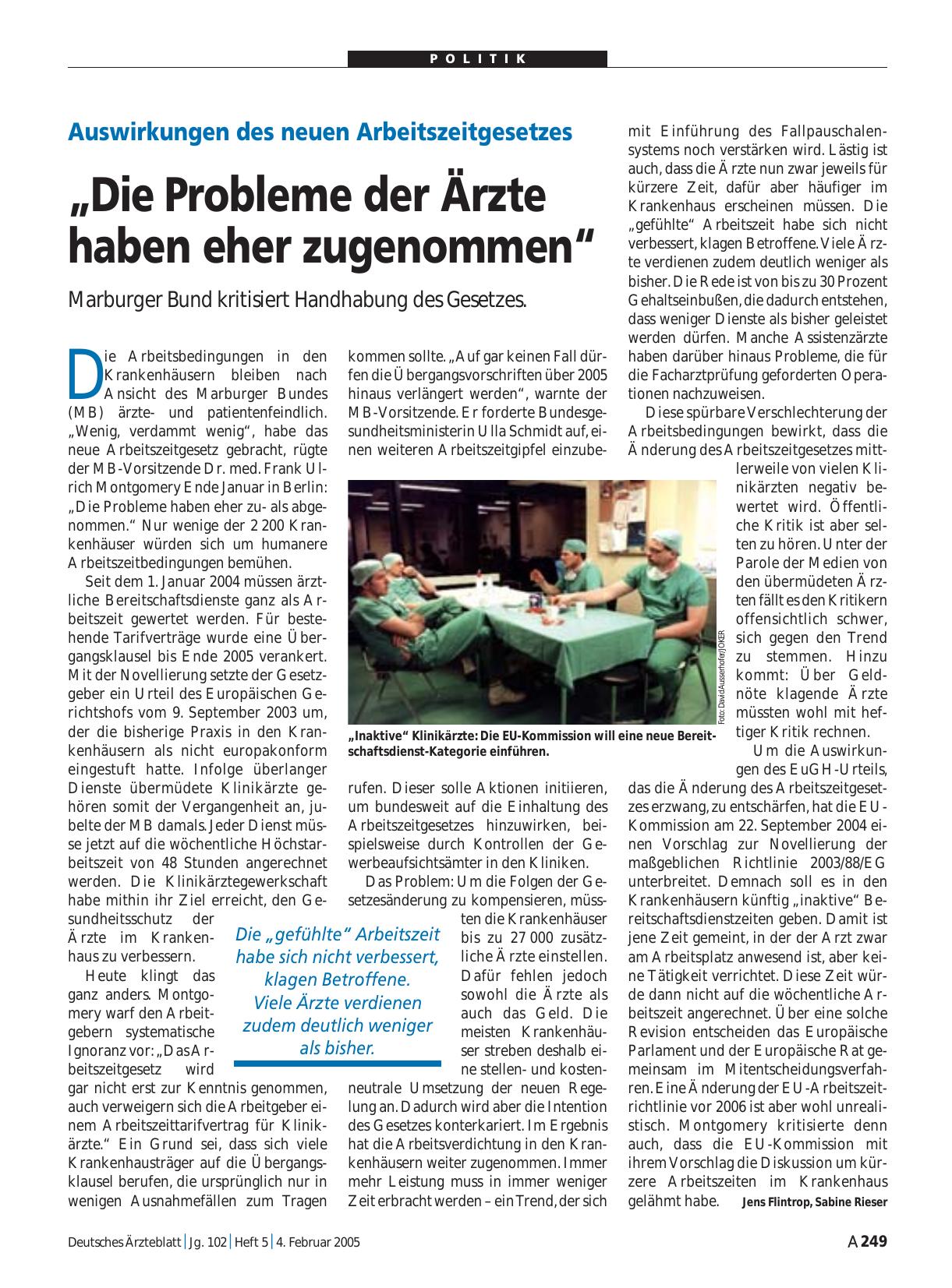 Vorschauseite 1: Auswirkungen des neuen Arbeitszeitgesetzes: „Die Probleme der Ärzte haben eher zugenommen“