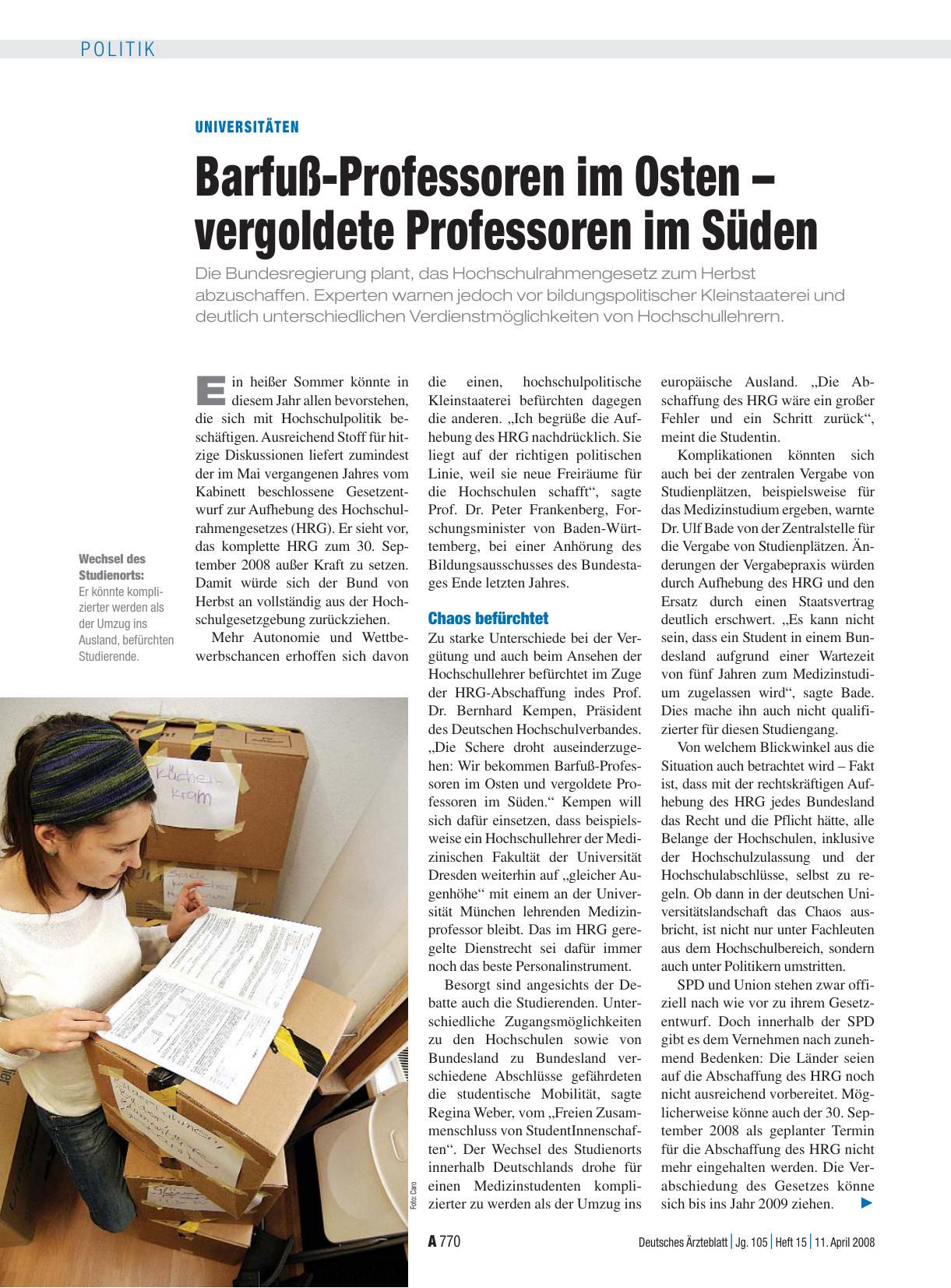 Vorschauseite 1: Universitäten: Barfuß-Professoren im Osten – vergoldete Professoren im Süden