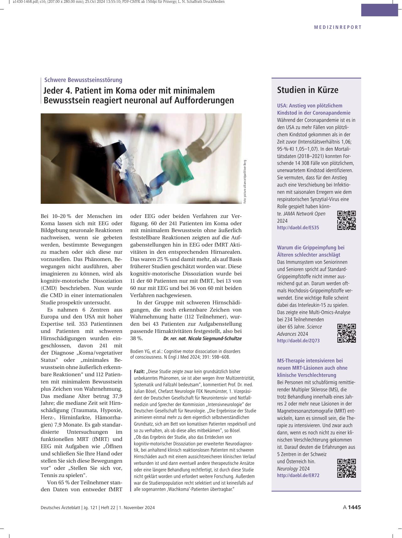 Vorschauseite 1: Schwere Bewusstseinsstörung: Jeder 4. Patient im Koma oder mit minimalem Bewusstsein reagiert neuronal auf Aufforderungen.