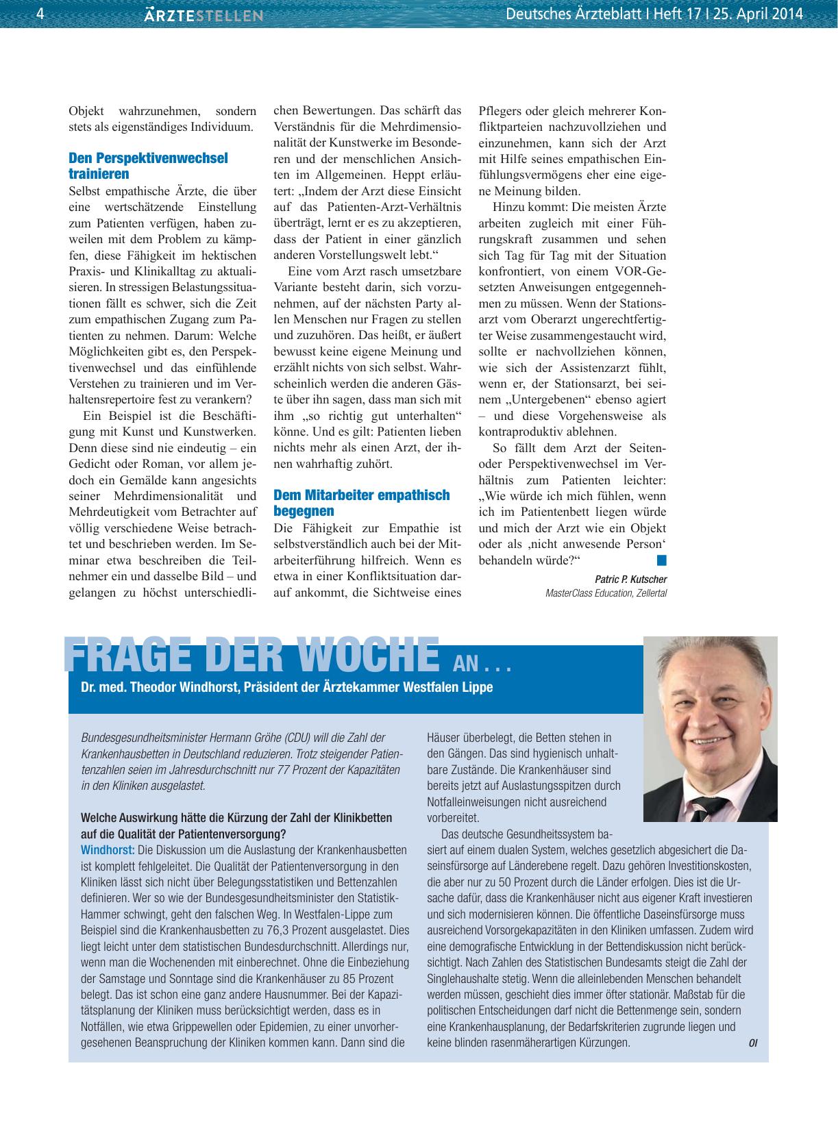 Vorschauseite 1: Frage der Woche an. .. Theodor Windhorst, Präsident der Ärztekammer Westfalen Lippe